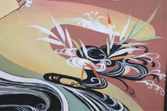 Framed Vintage Chinese Acrylic Abstract Painting of Waves and Fans