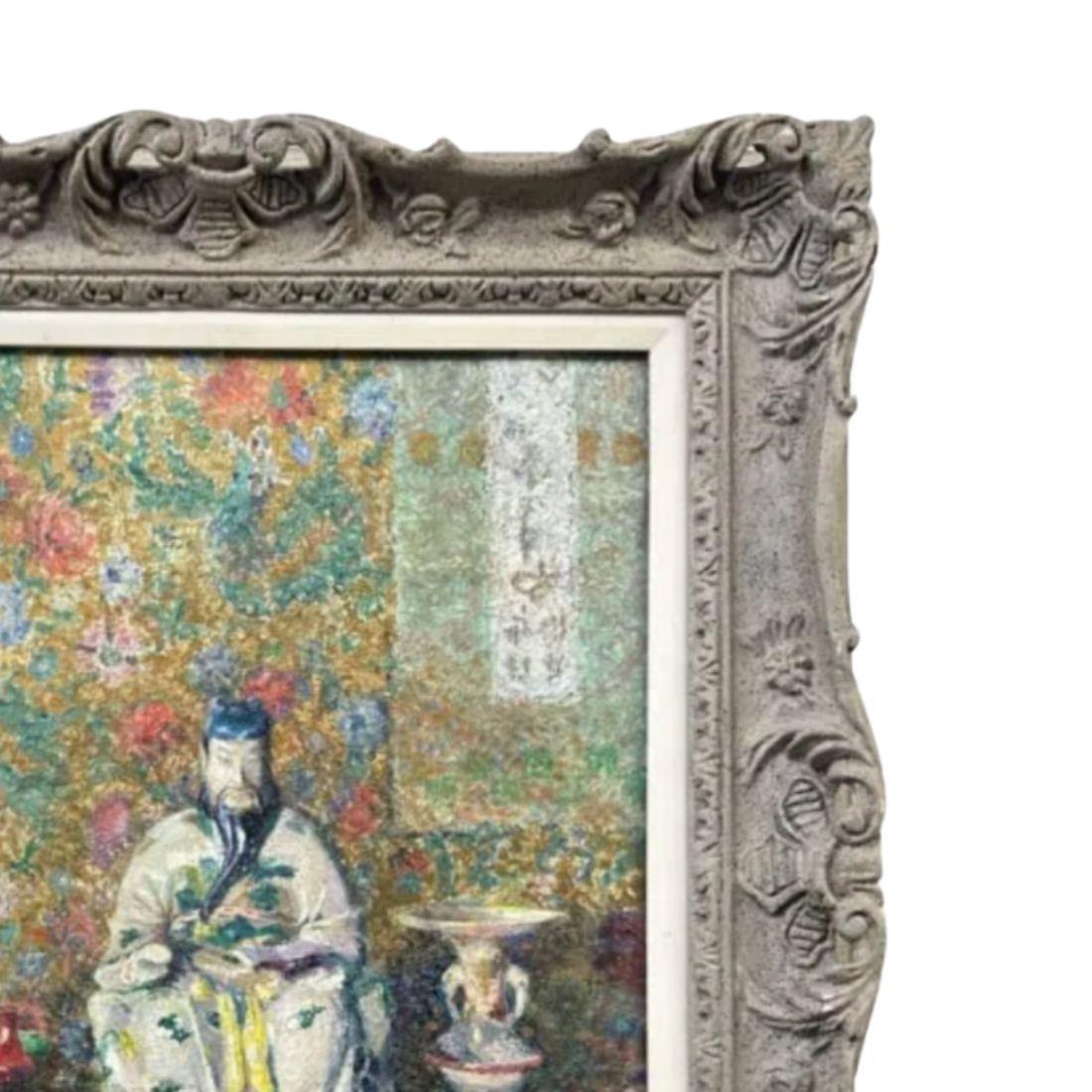 The framed vintage Chinese oil canvas titled 