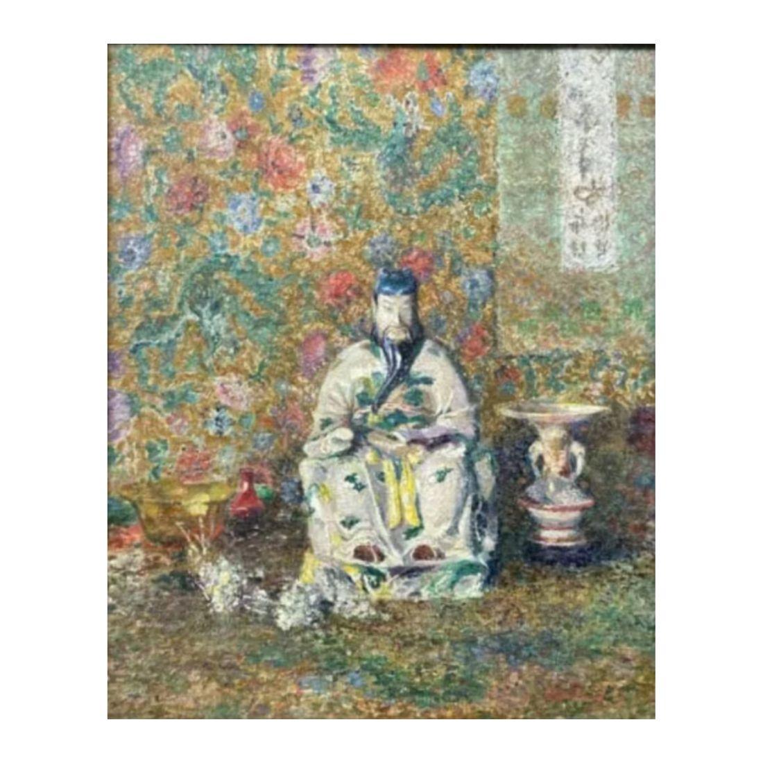 Chinoiserie Framed Vintage Chinese Oil Canvas by Katherine Lewis For Sale