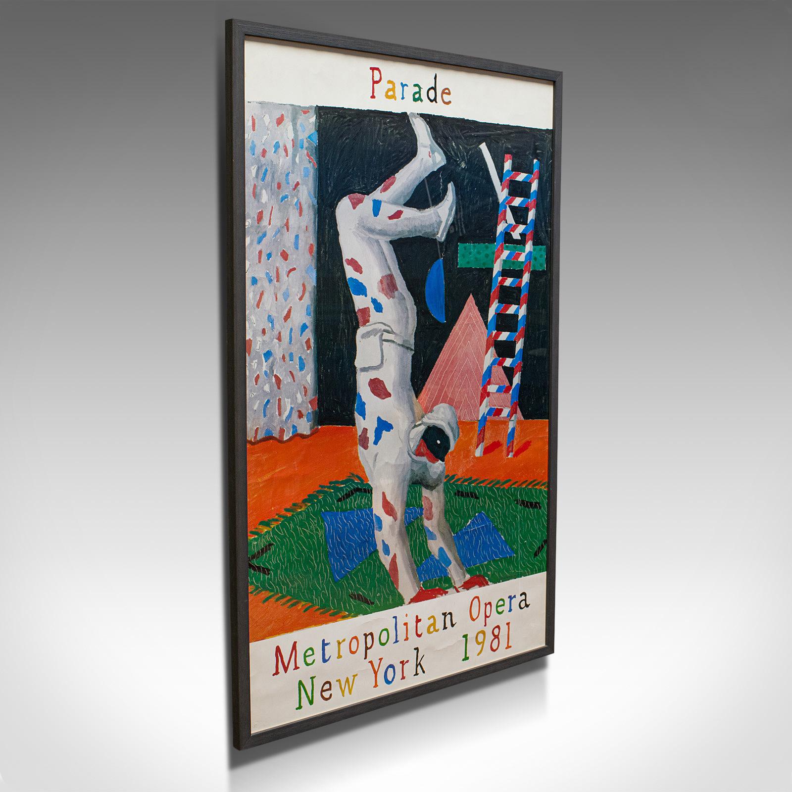 This is a framed, vintage David Hockney poster. An American advertisement titled Parade for the Metropolitan Opera of New York, dating to the late 20th century, circa 1980.

Appealing, sought after example of Hockney's work
Inspired by his love