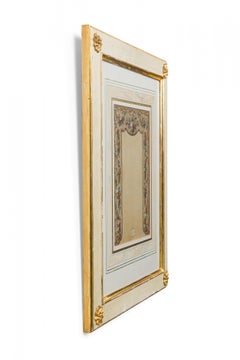 Framed Vintage English Watercolor Print of Fruit & Floral Patterned Curtains