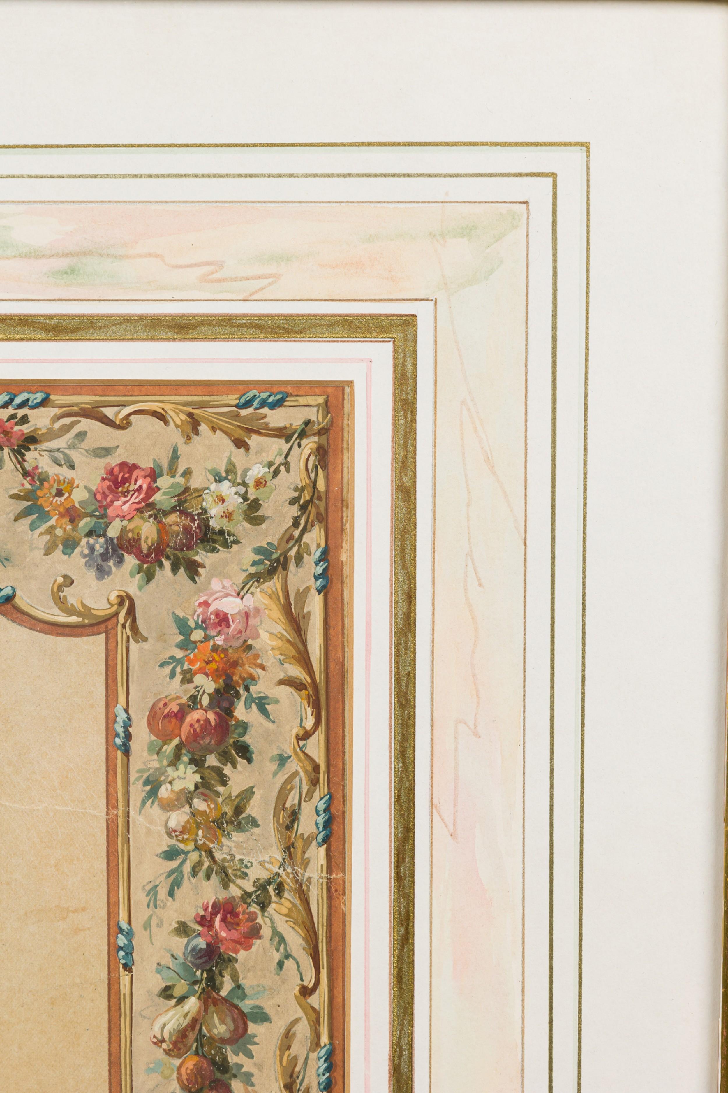 Acuarela inglesa vintage enmarcada de frutas y cortinas con motivos florales Pintado a mano en venta