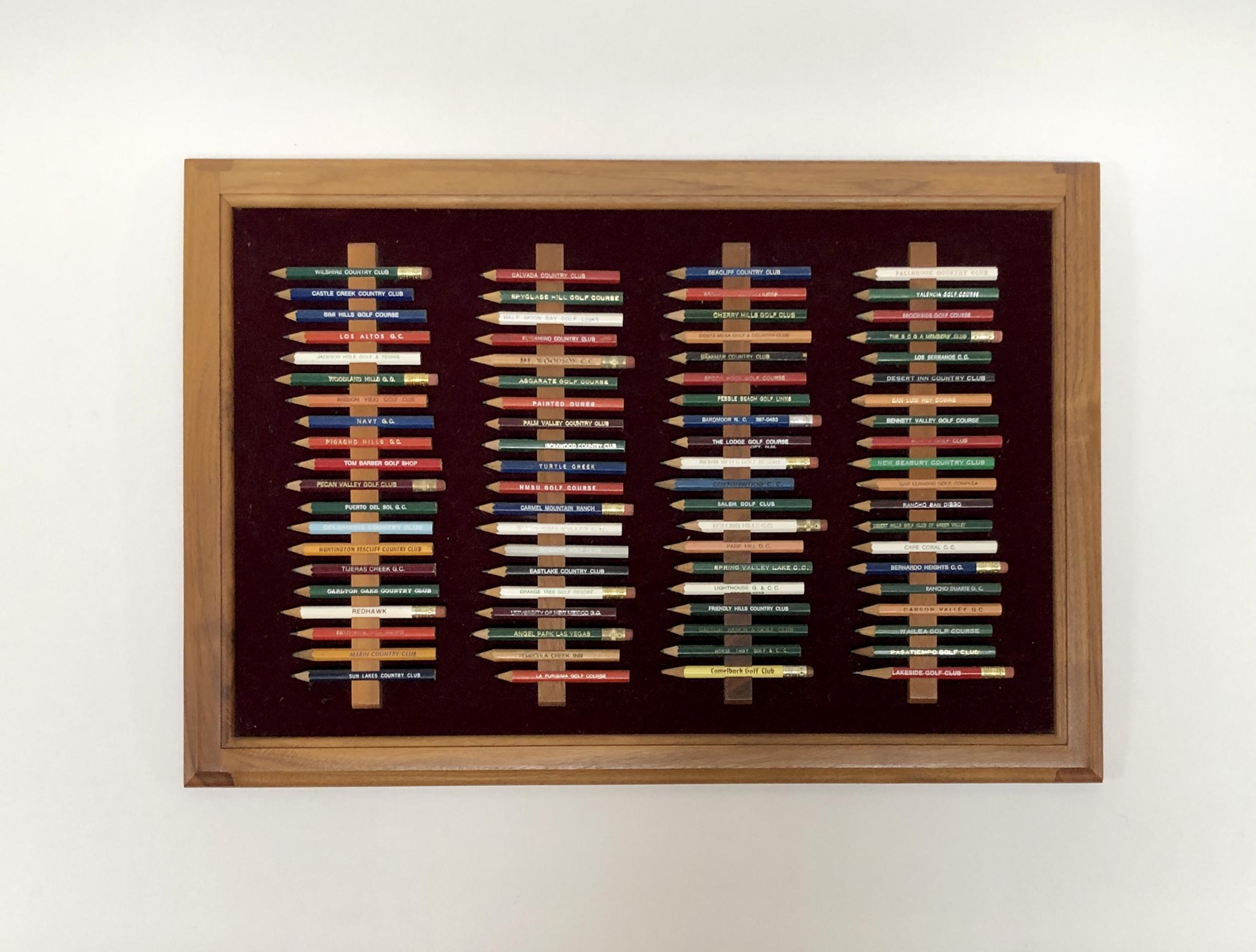 These are two unique and extensive collections of pencils from golf courses across the country mounted in wood, backed in a deep red velvet, and framed. Projected collection beginning in the 1970s.
