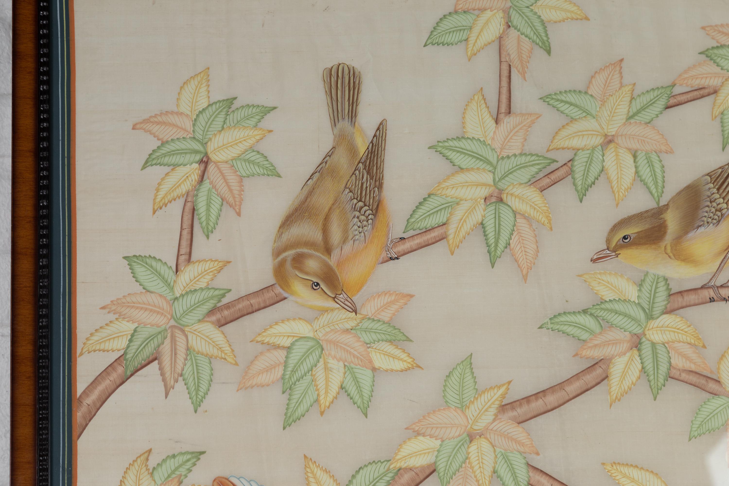 Framed Vintage Indian Pastel Color Painting with Birds in Trees on Beige Silk 5
