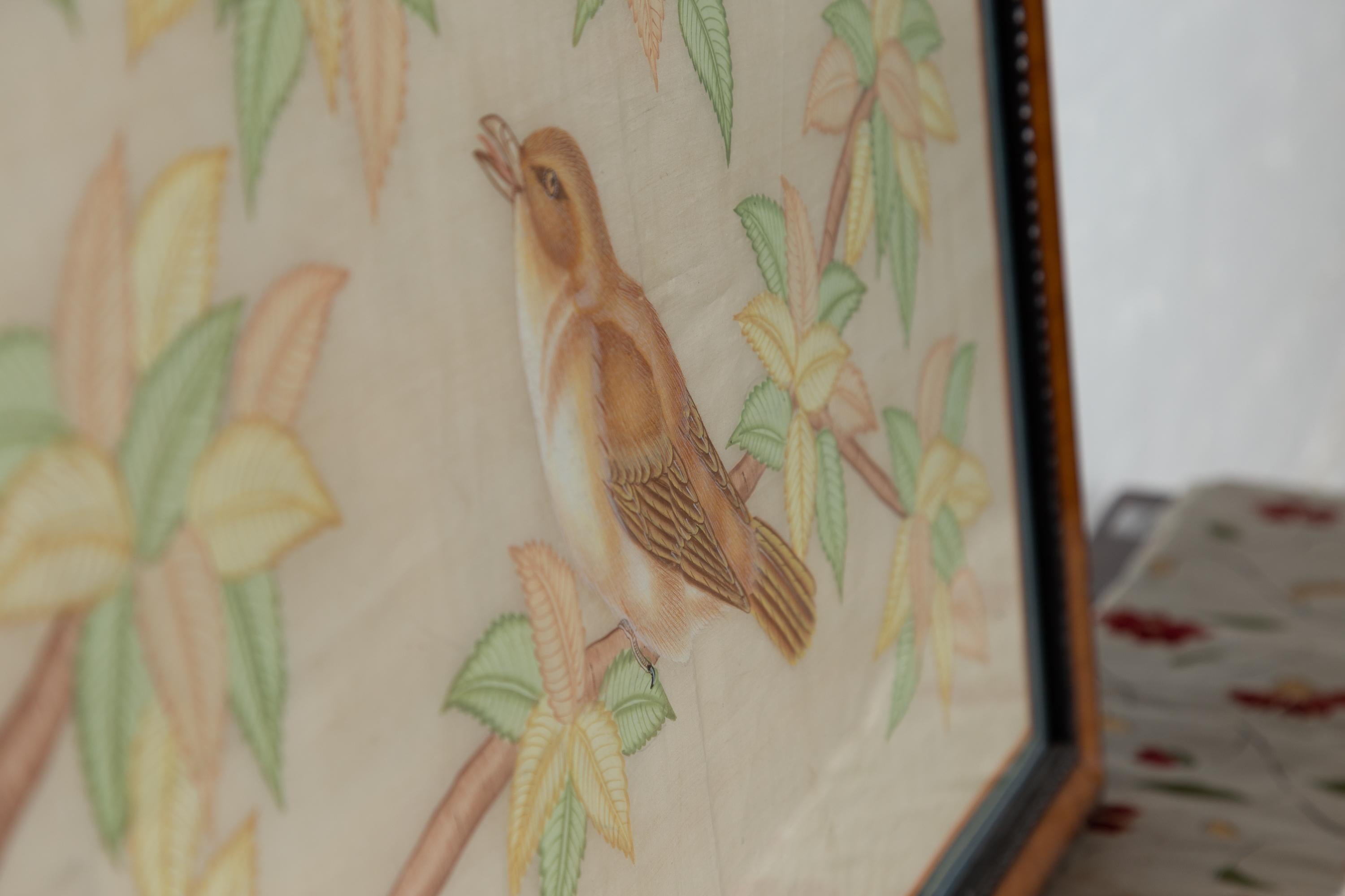 Framed Vintage Indian Pastel Color Painting with Birds in Trees on Beige Silk 7