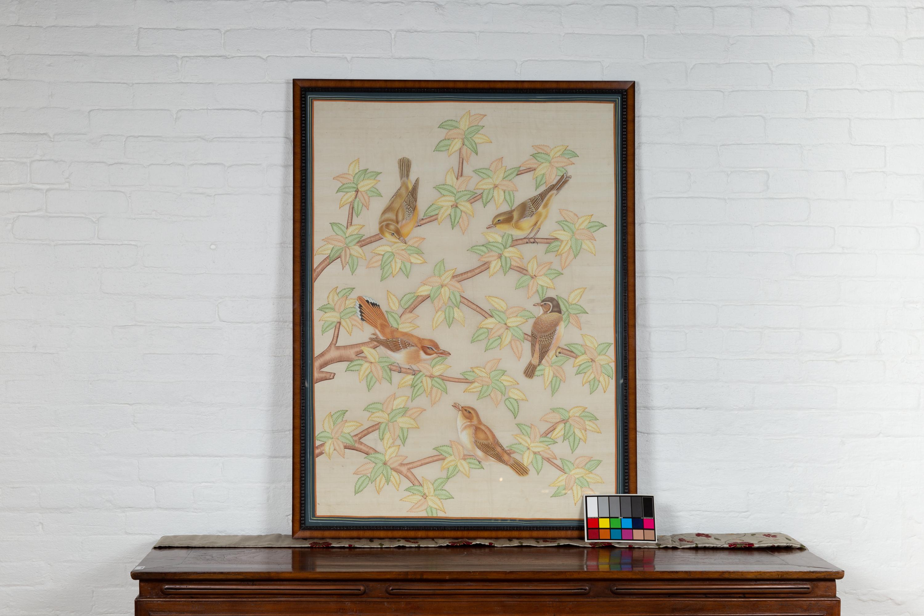 Framed Vintage Indian Pastel Color Painting with Birds in Trees on Beige Silk 9
