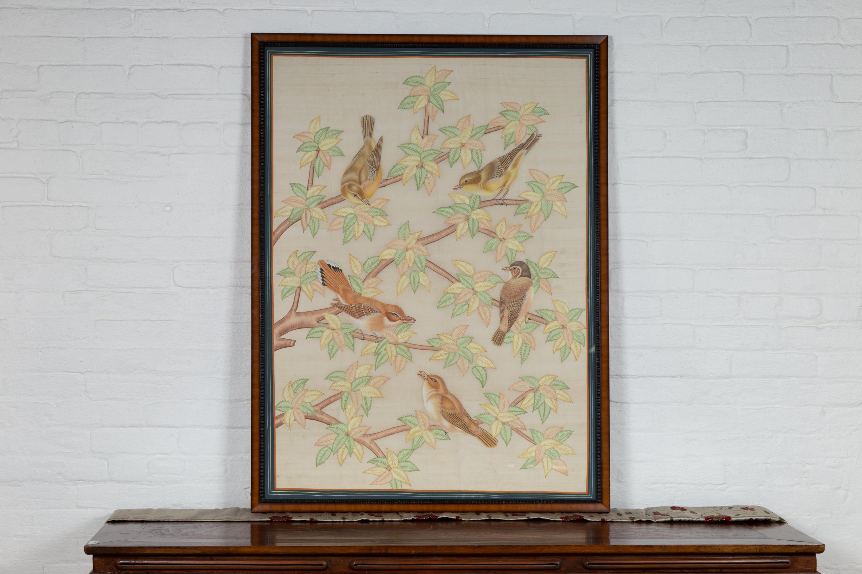 Hand-Painted Framed Vintage Indian Pastel Color Painting with Birds in Trees on Beige Silk