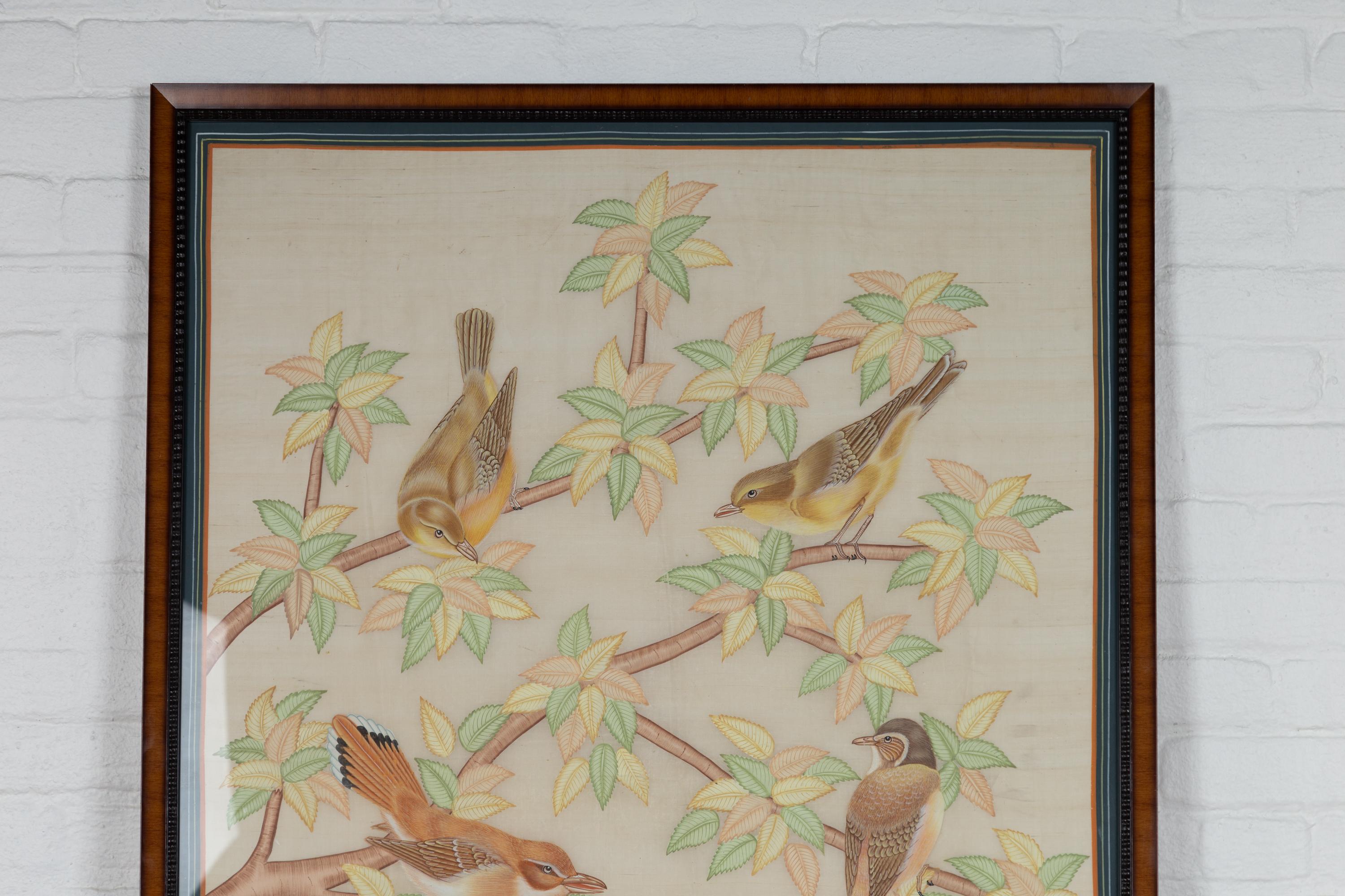 Framed Vintage Indian Pastel Color Painting with Birds in Trees on Beige Silk In Good Condition In Yonkers, NY