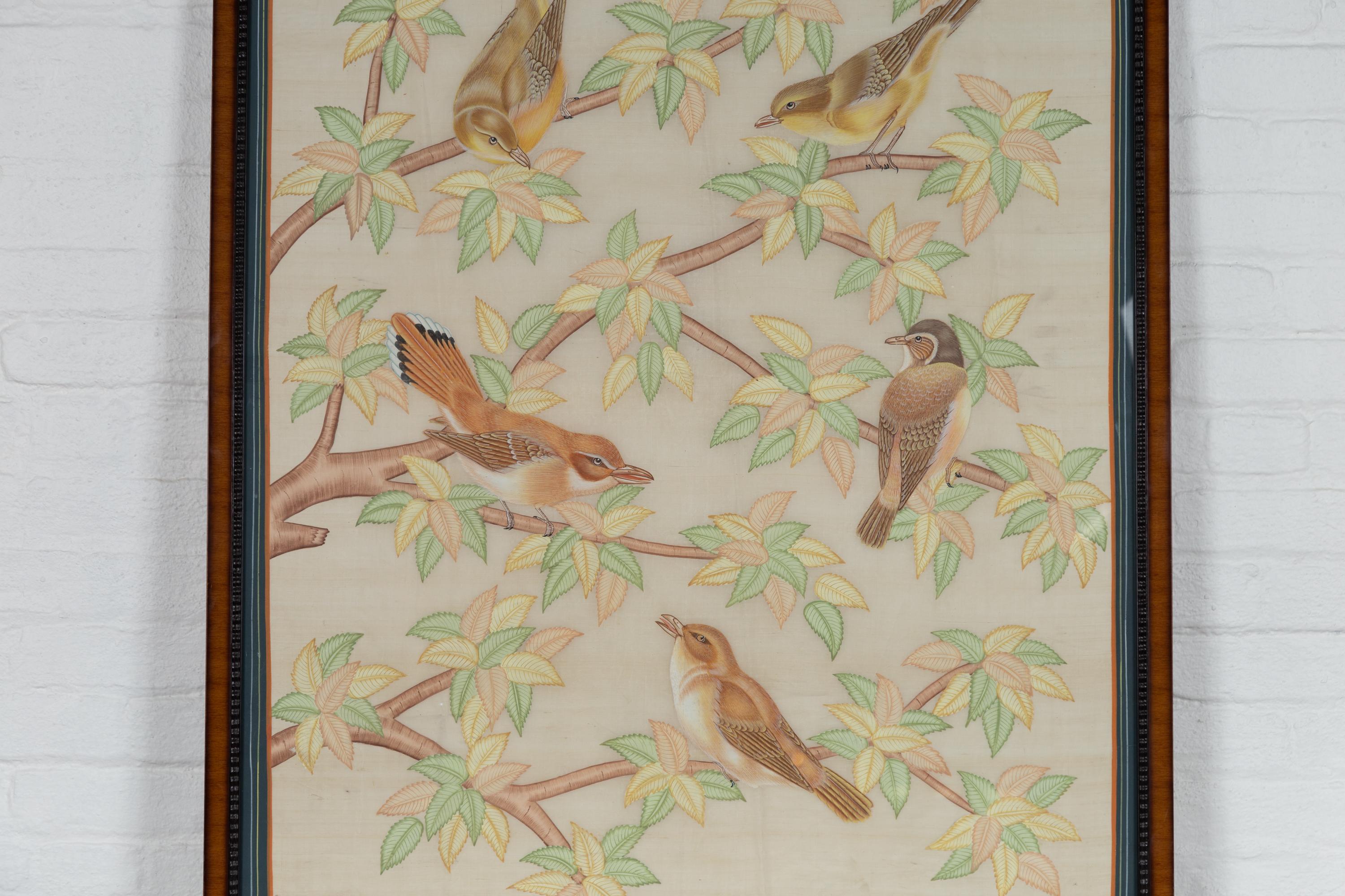 20th Century Framed Vintage Indian Pastel Color Painting with Birds in Trees on Beige Silk