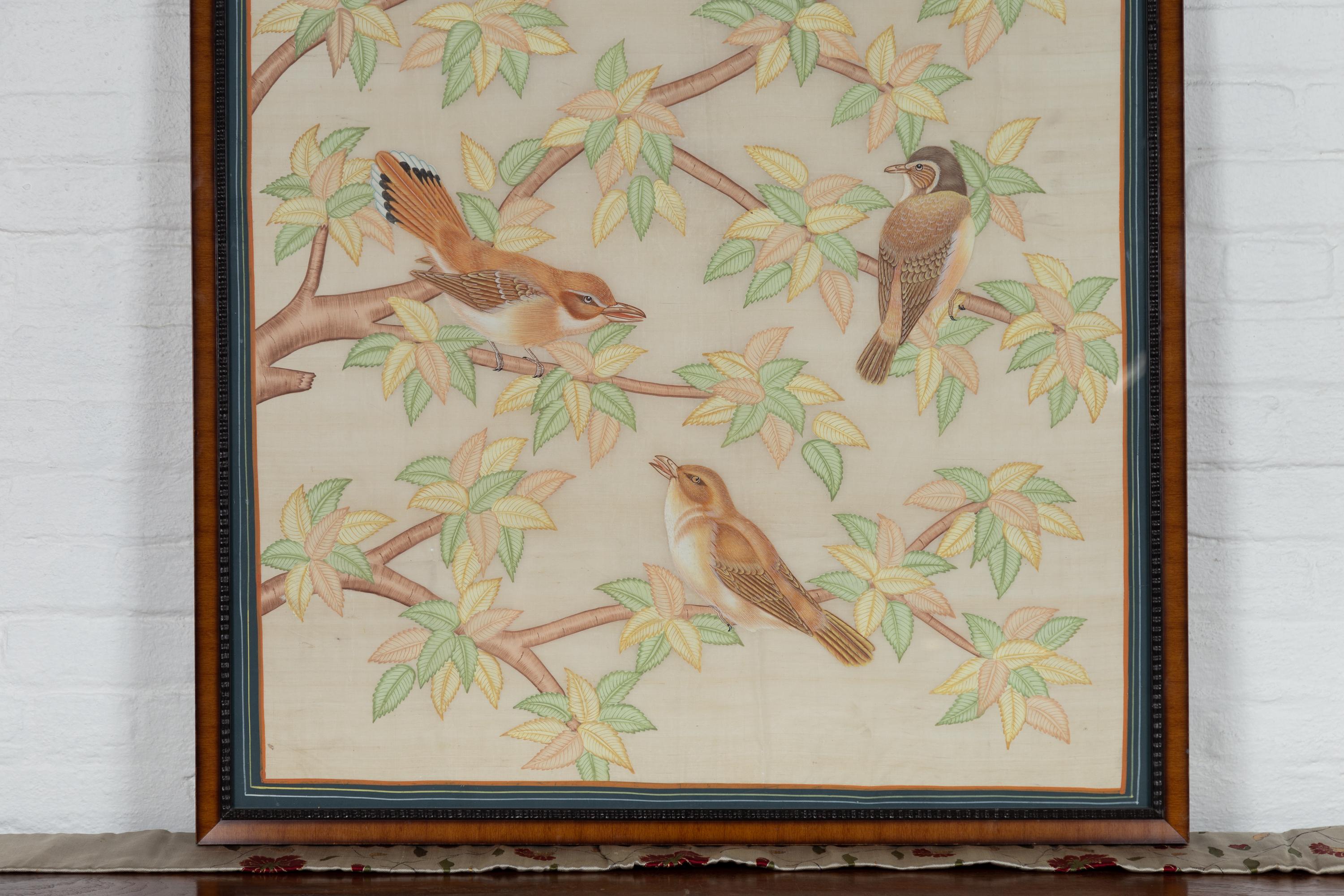 Framed Vintage Indian Pastel Color Painting with Birds in Trees on Beige Silk 1