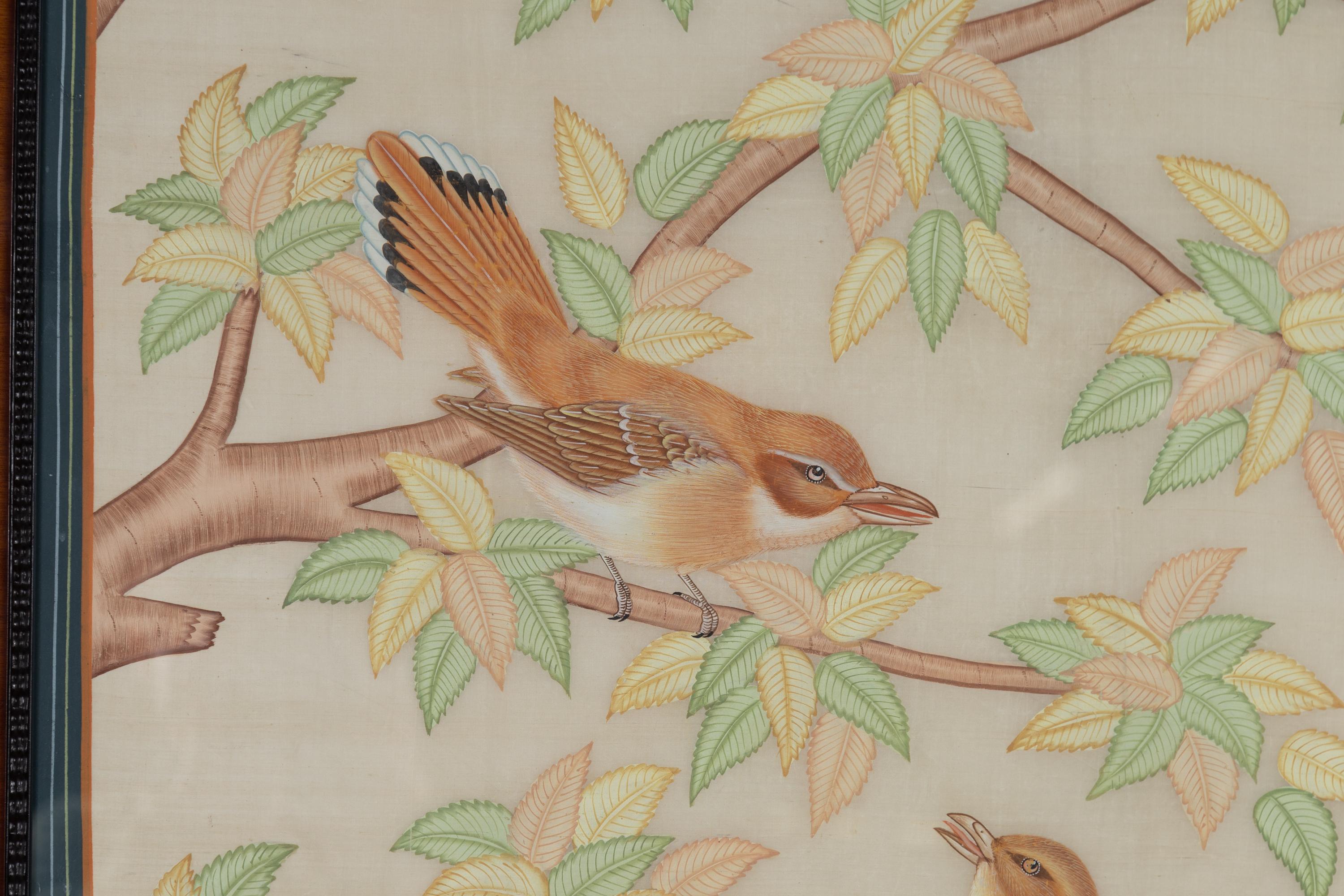 Framed Vintage Indian Pastel Color Painting with Birds in Trees on Beige Silk 2