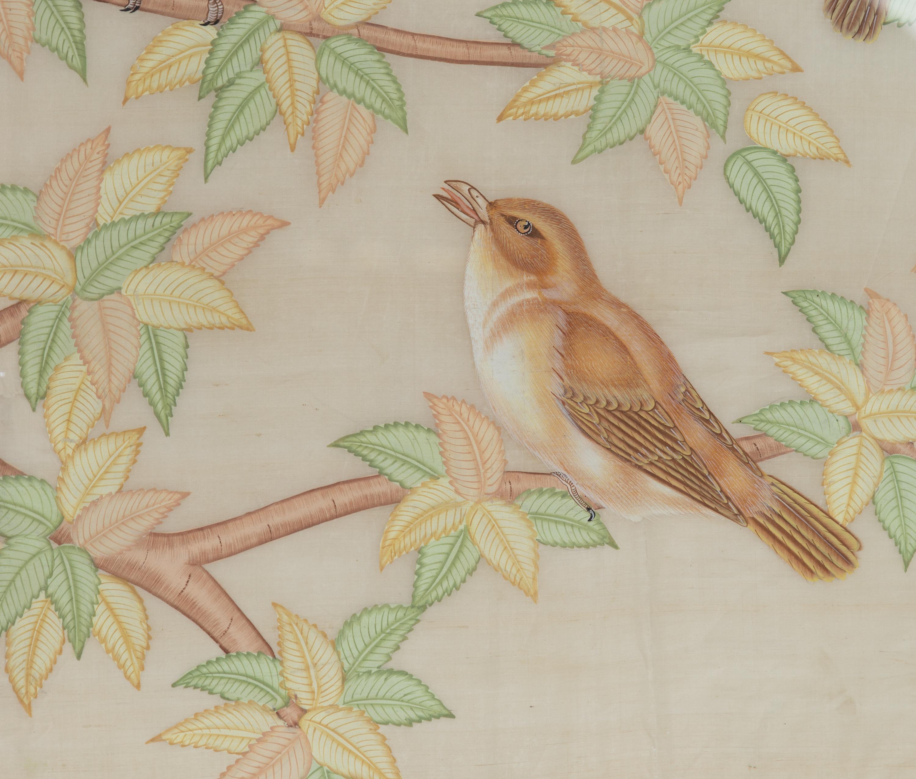 Framed Vintage Indian Pastel Color Painting with Birds in Trees on Beige Silk 3