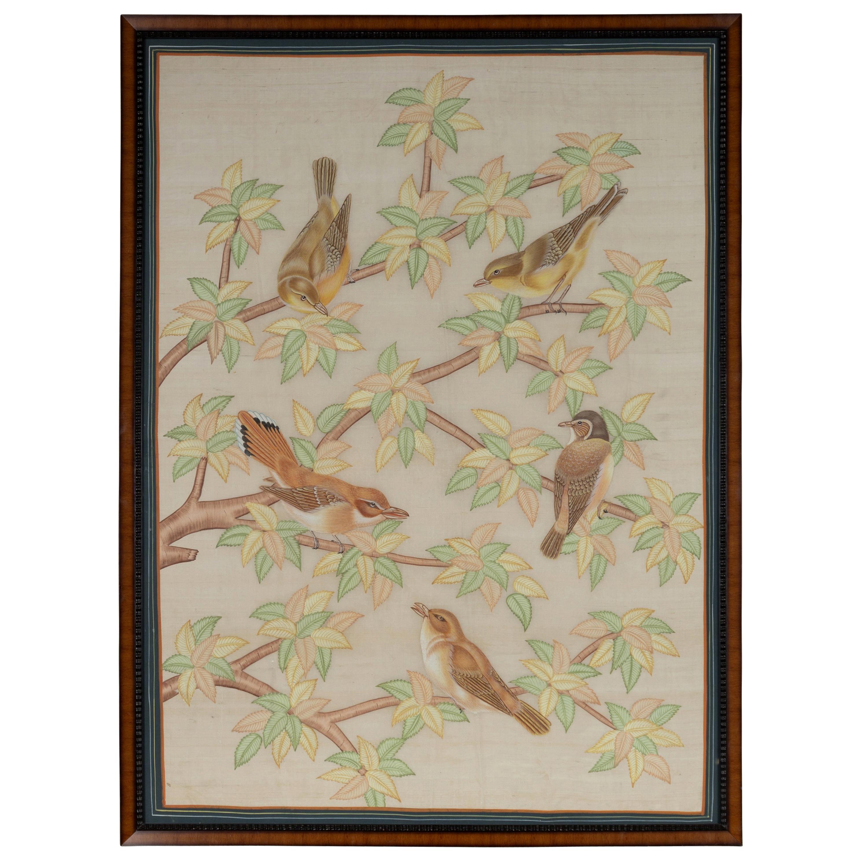 Framed Vintage Indian Pastel Color Painting with Birds in Trees on Beige Silk