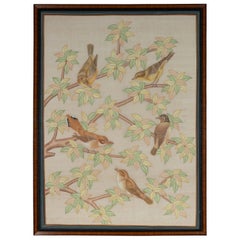 Framed Vintage Indian Pastel Color Painting with Birds in Trees on Beige Silk