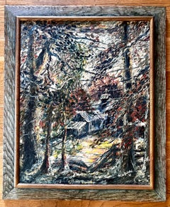 Framed Vintage Thick Paint on Canvas of "Cabin in the Woods", signed, 1961