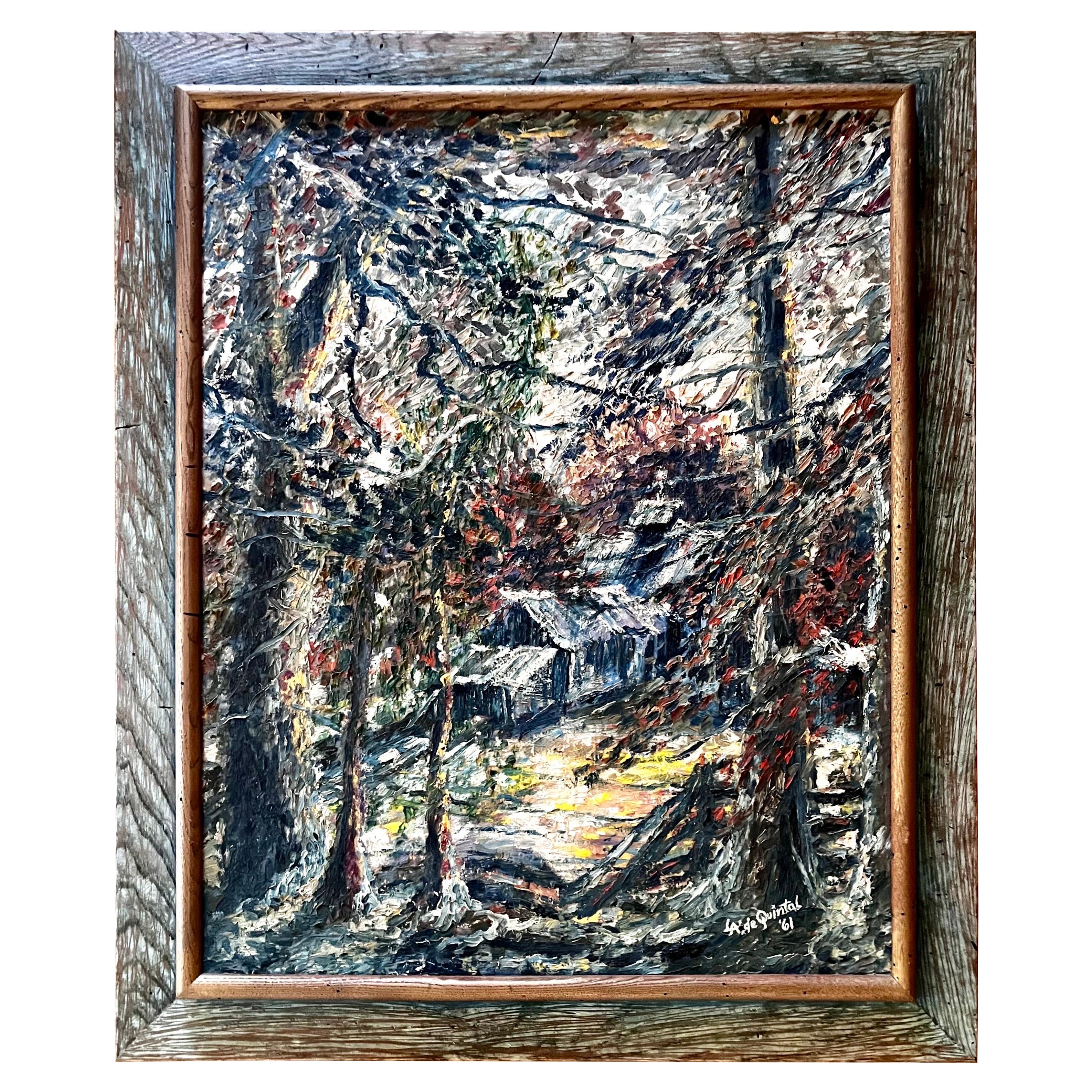 Peinture épaisse sur toile vintage encadrée de "Cabine in the Woods", signée, 1961