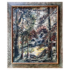 Framed Vintage Thick Paint on Canvas of "Cabin in the Woods", signed, 1961