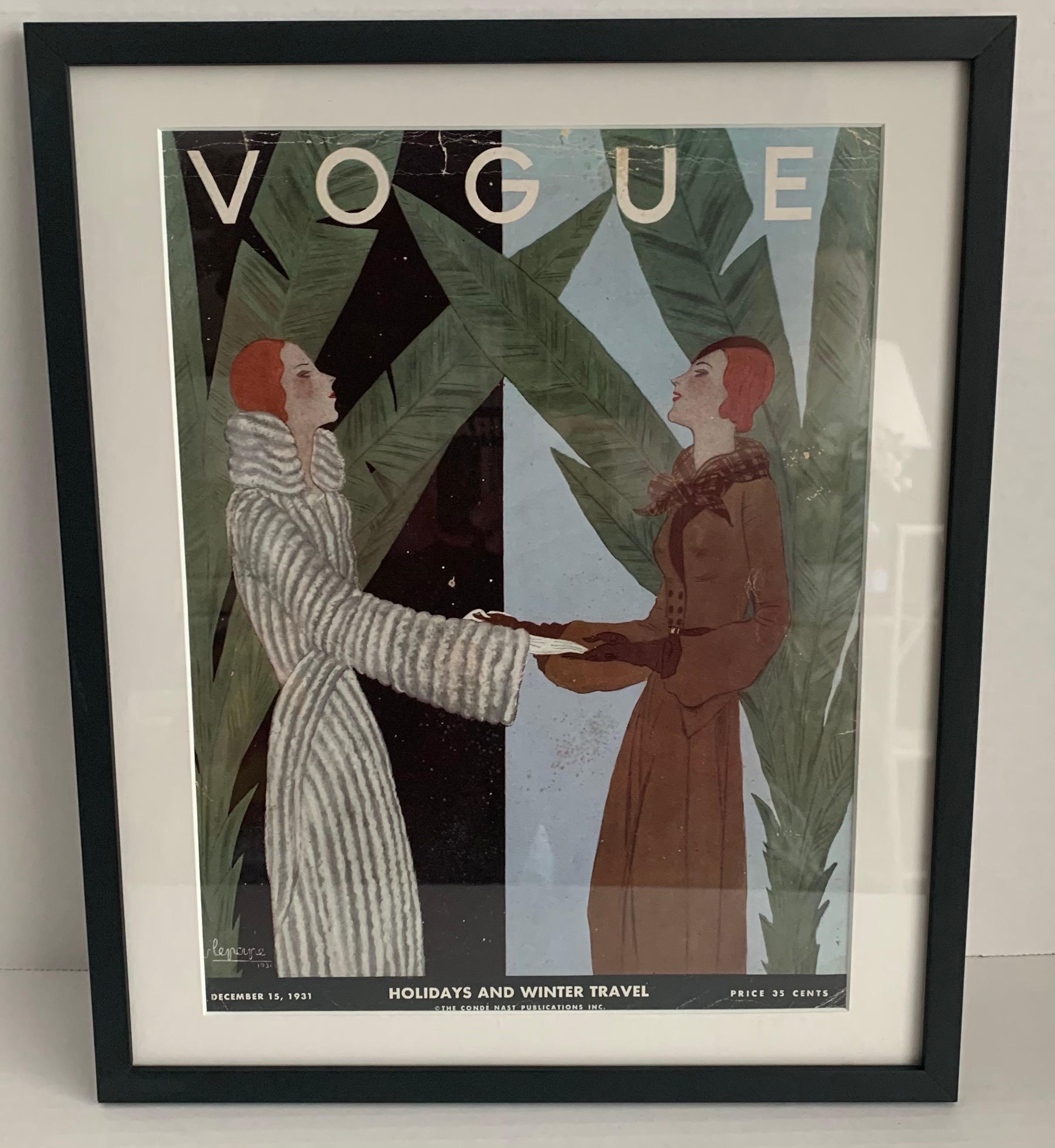Vogue magazine December 15th 1931 cover. Original 1931 magazine cover with illustration by Georges Lepape (1887-1971).
Newly custom matted and framed in black wood frame.