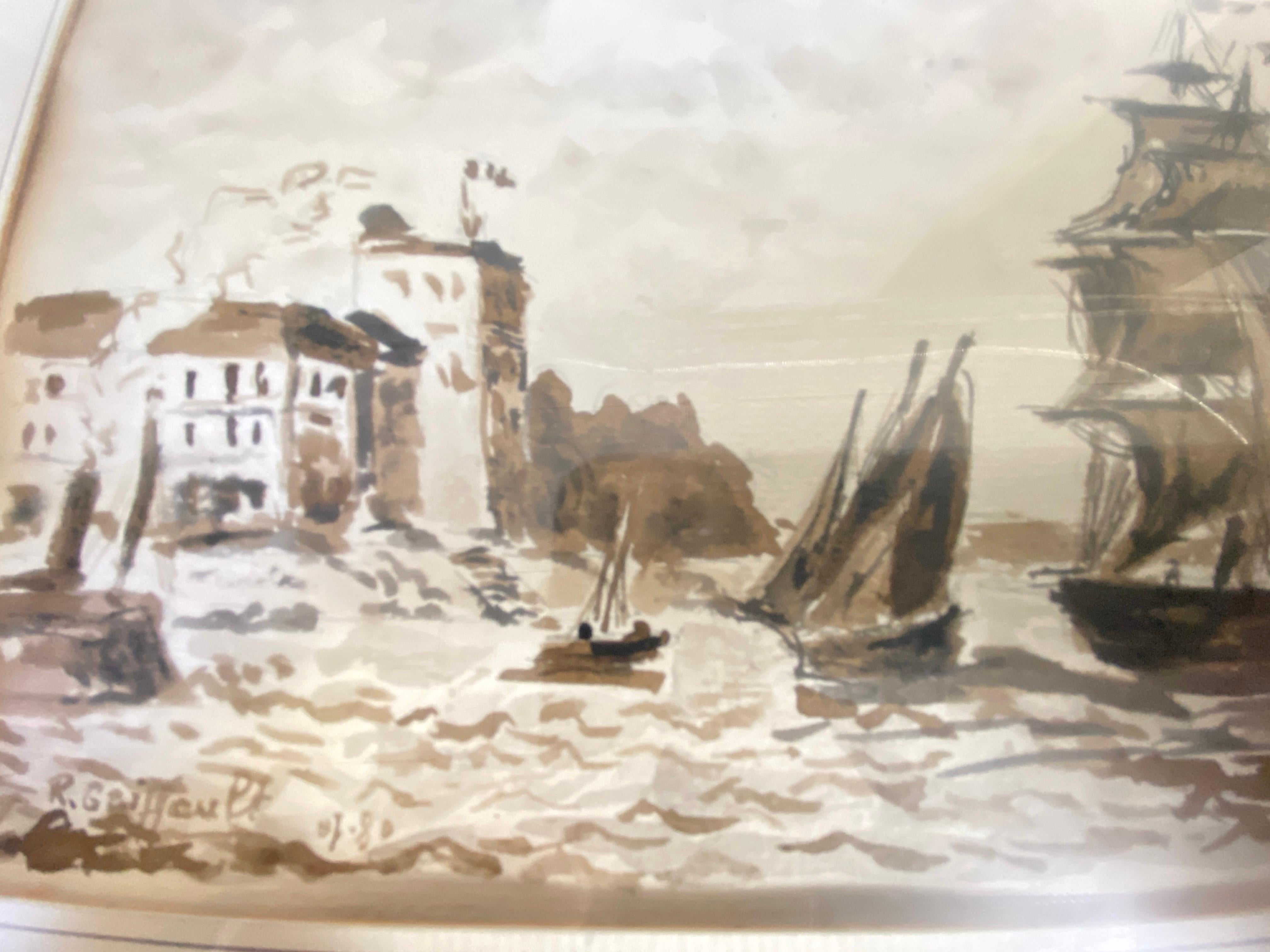 In a dark Brown Frame, an original Wash of Sepia. Representing a Harbor Boat Scene.
It has been made in France circa 1830.


