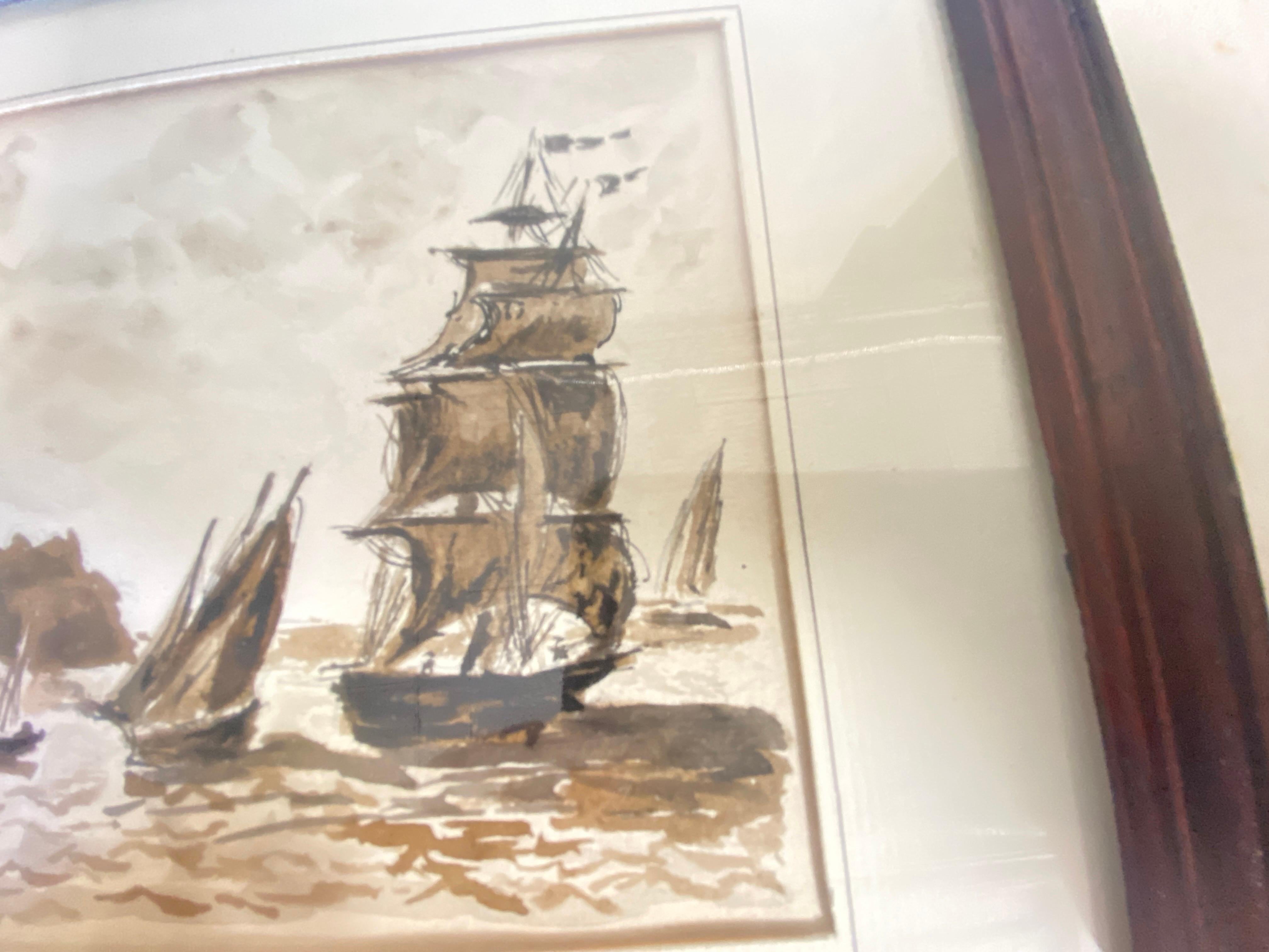 French Framed wash of Sepia Representing a Harbor Boat Scene Fance 1830 For Sale