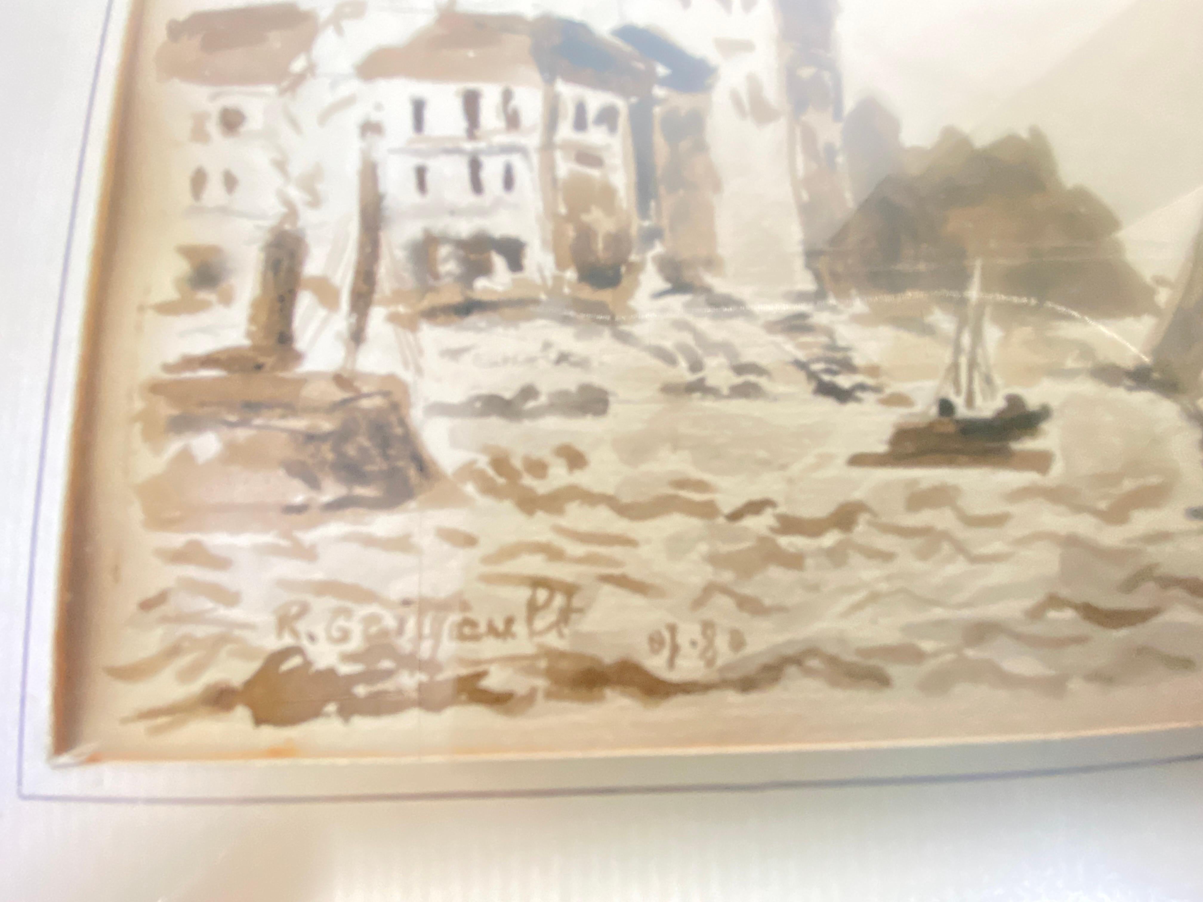 Framed wash of Sepia Representing a Harbor Boat Scene Fance 1830 In Good Condition For Sale In Auribeau sur Siagne, FR