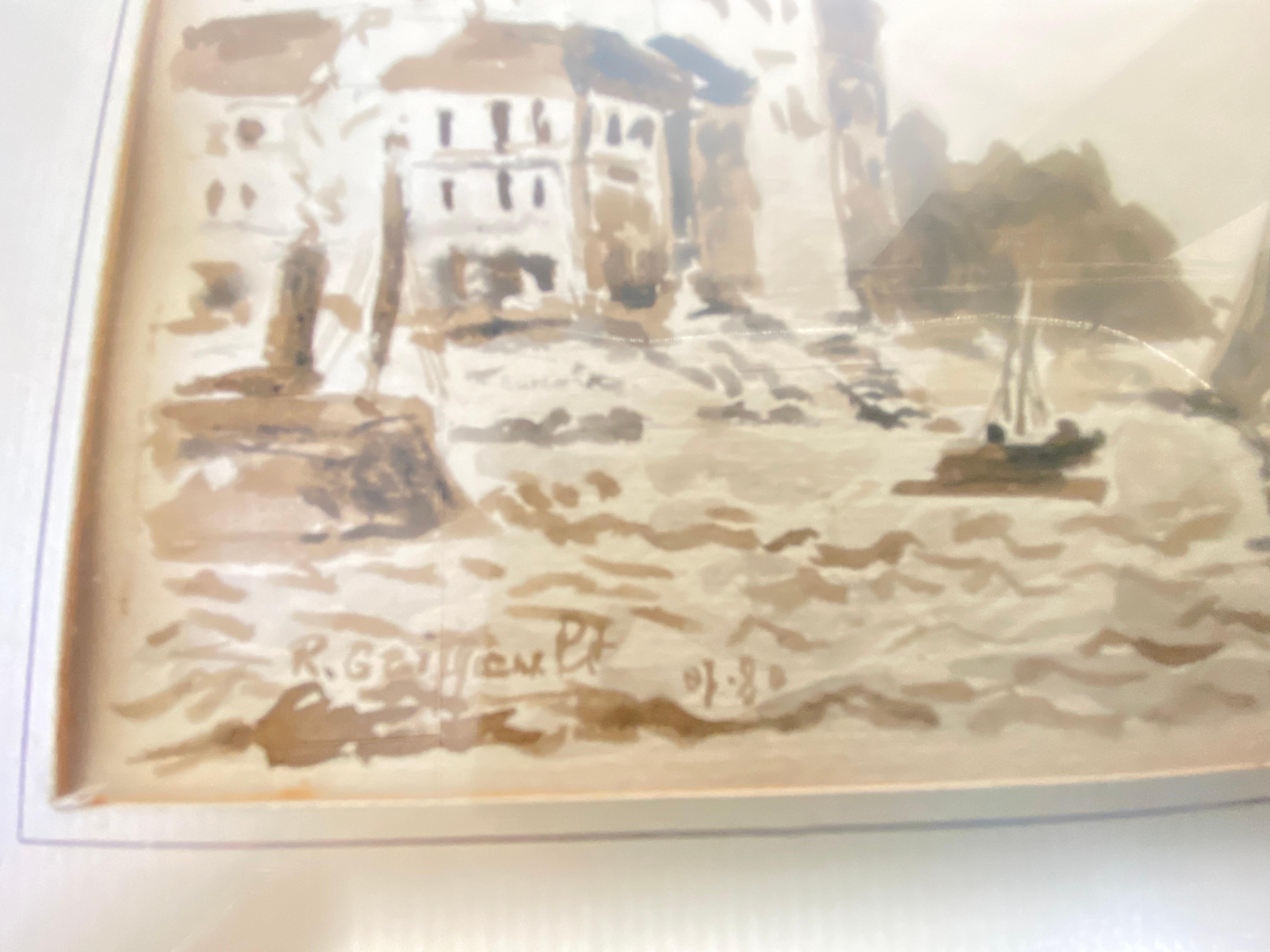Mid-19th Century Framed wash of Sepia Representing a Harbor Boat Scene Fance 1830 For Sale