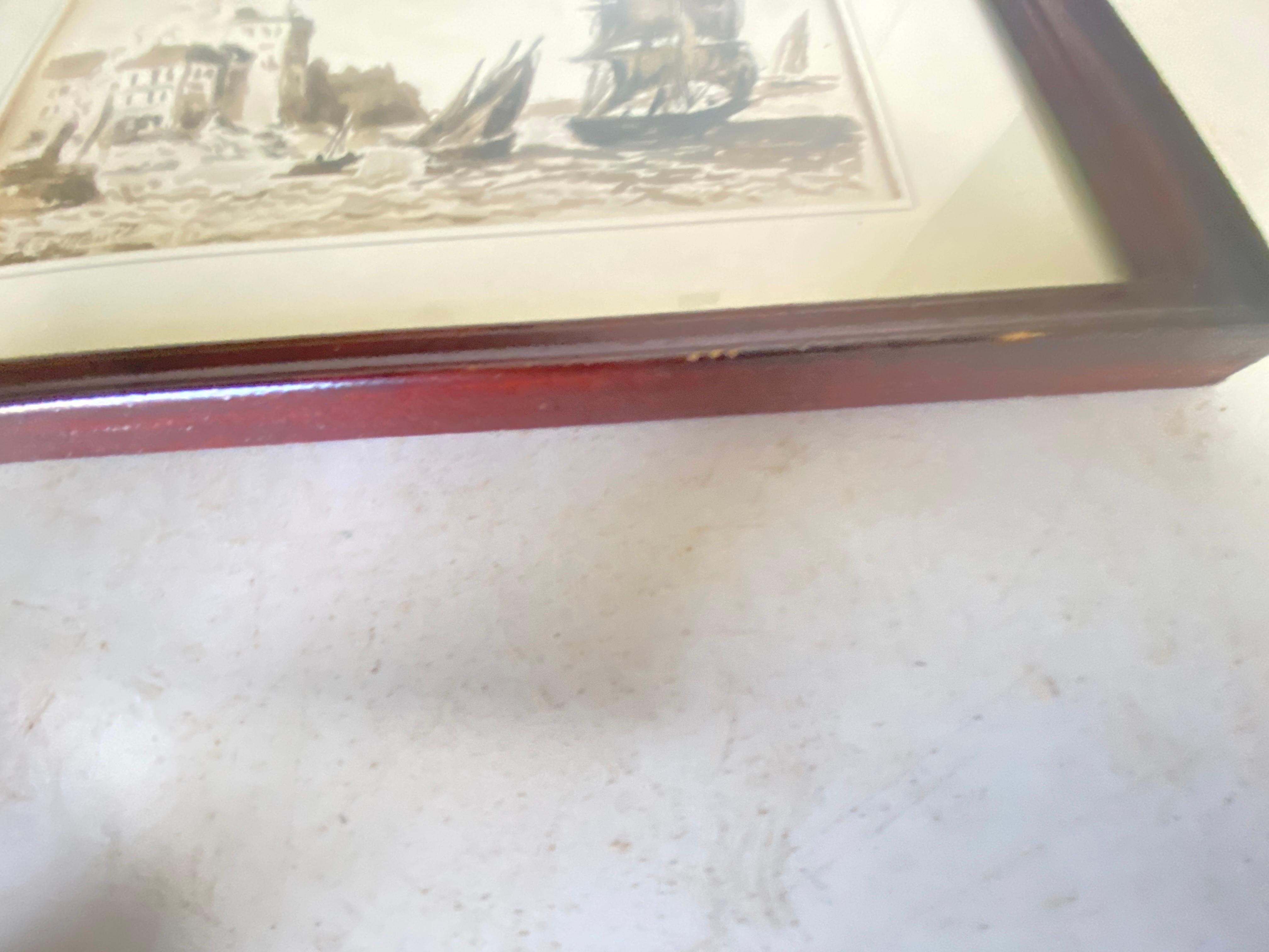 Paper Framed wash of Sepia Representing a Harbor Boat Scene Fance 1830 For Sale
