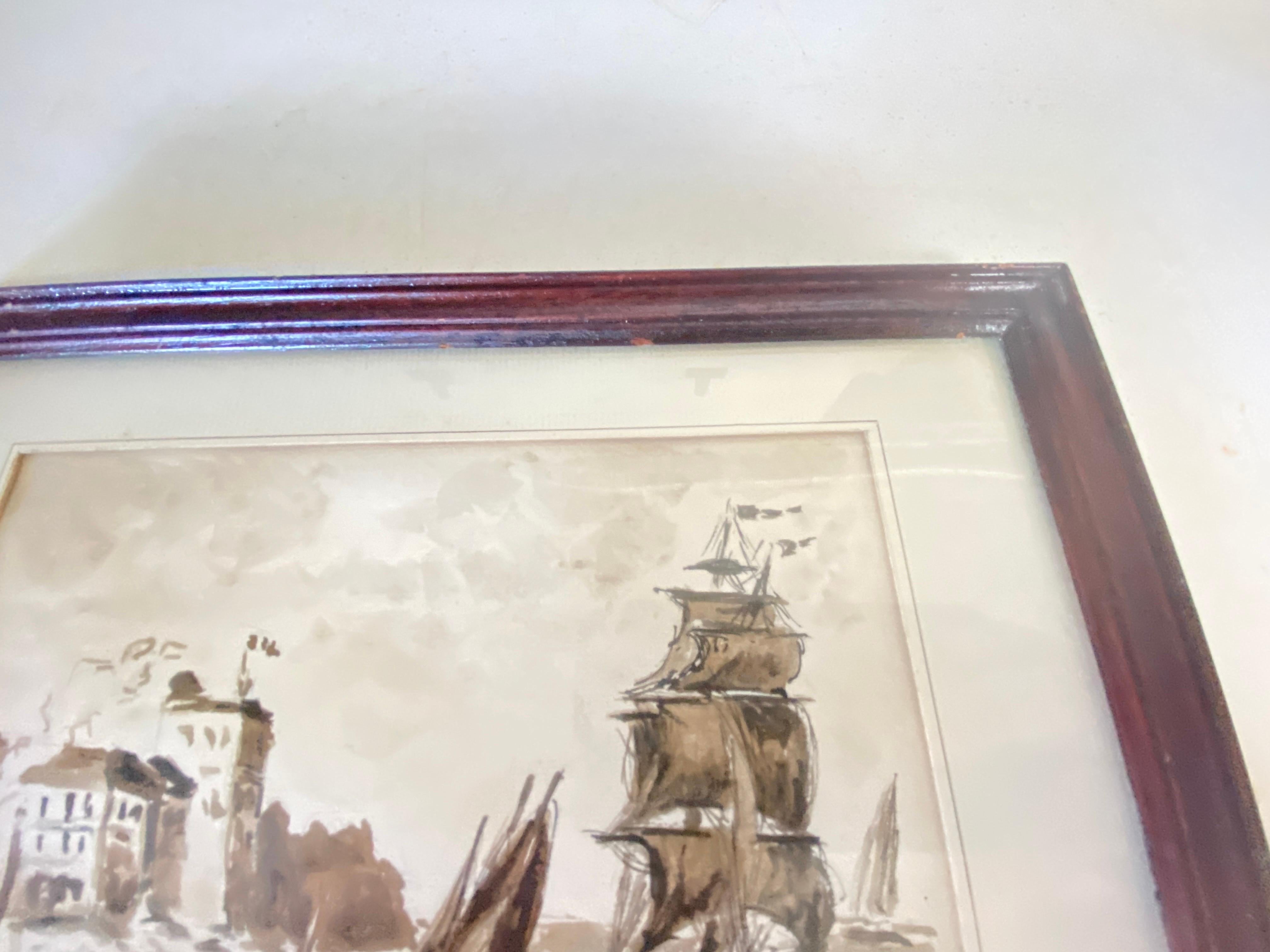 Framed wash of Sepia Representing a Harbor Boat Scene Fance 1830 For Sale 1
