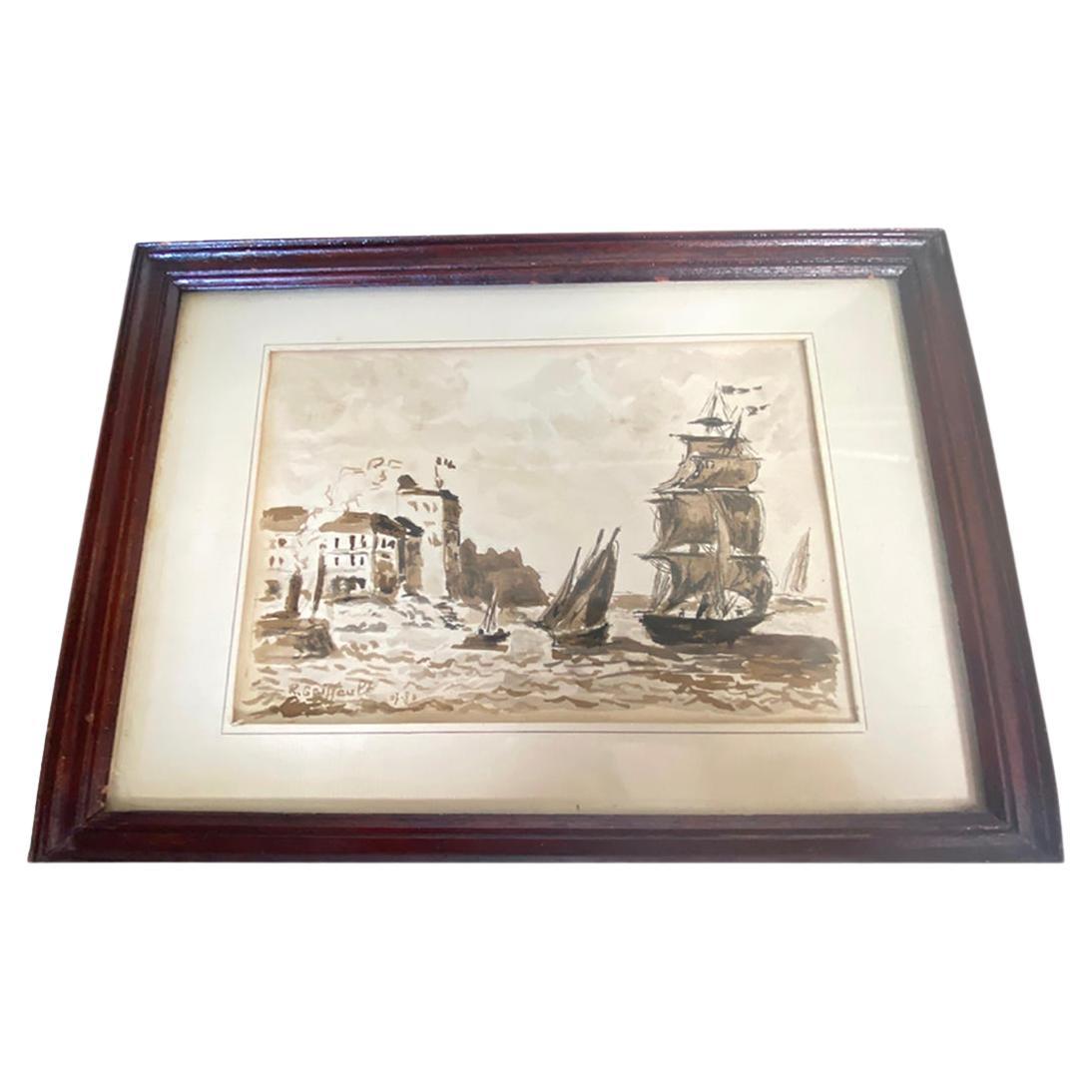 Framed wash of Sepia Representing a Harbor Boat Scene Fance 1830 For Sale