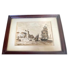 Antique Framed wash of Sepia Representing a Harbor Boat Scene Fance 1830