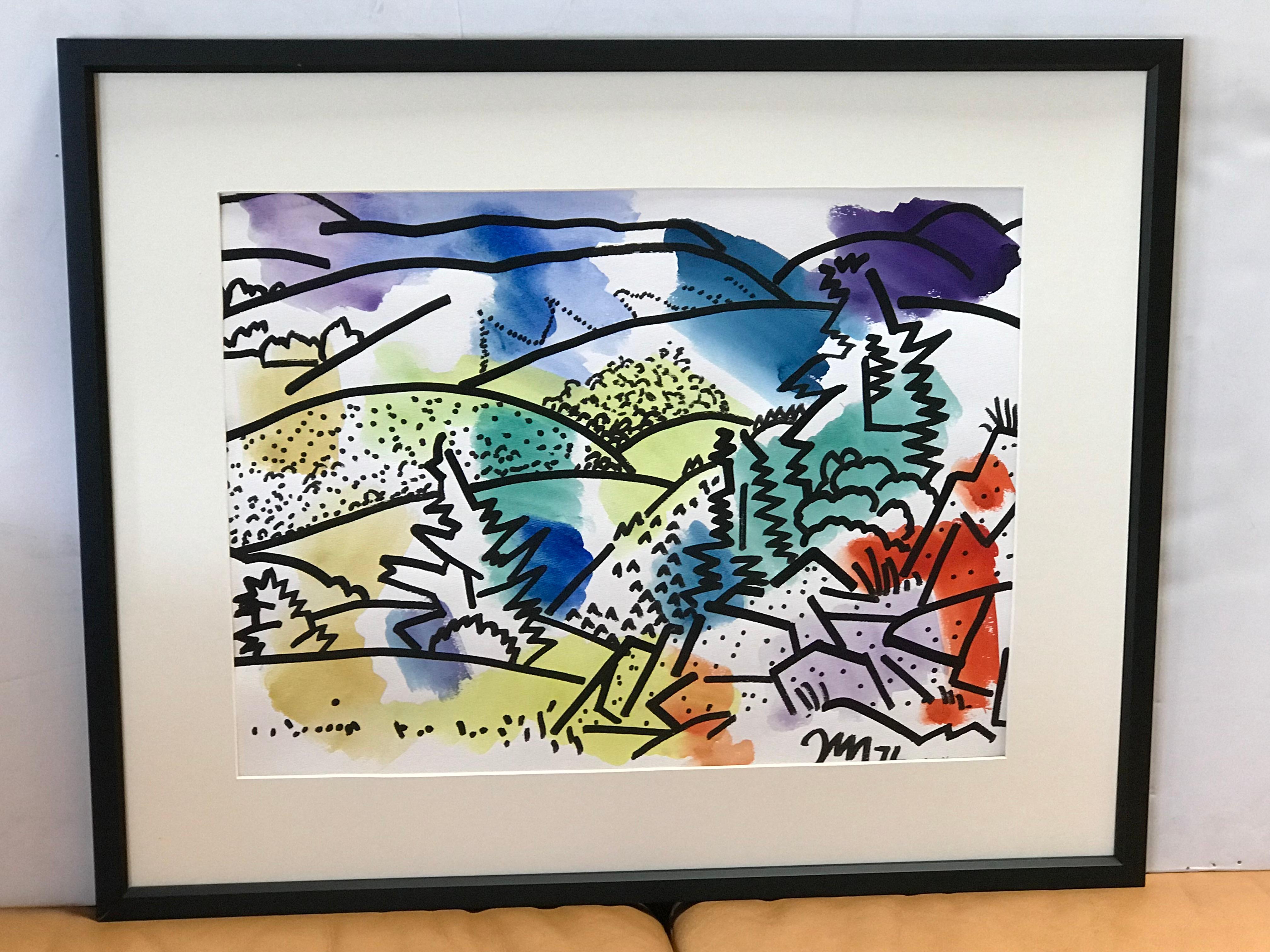 Framed colorful landscape watercolor by James McCray (1912-1993), signed by the artist and dated 1976.
McCray taught at the California School of Fine Arts in San Francisco during the 1940's. He had solo and group exhibitions from 1935-1966. Among