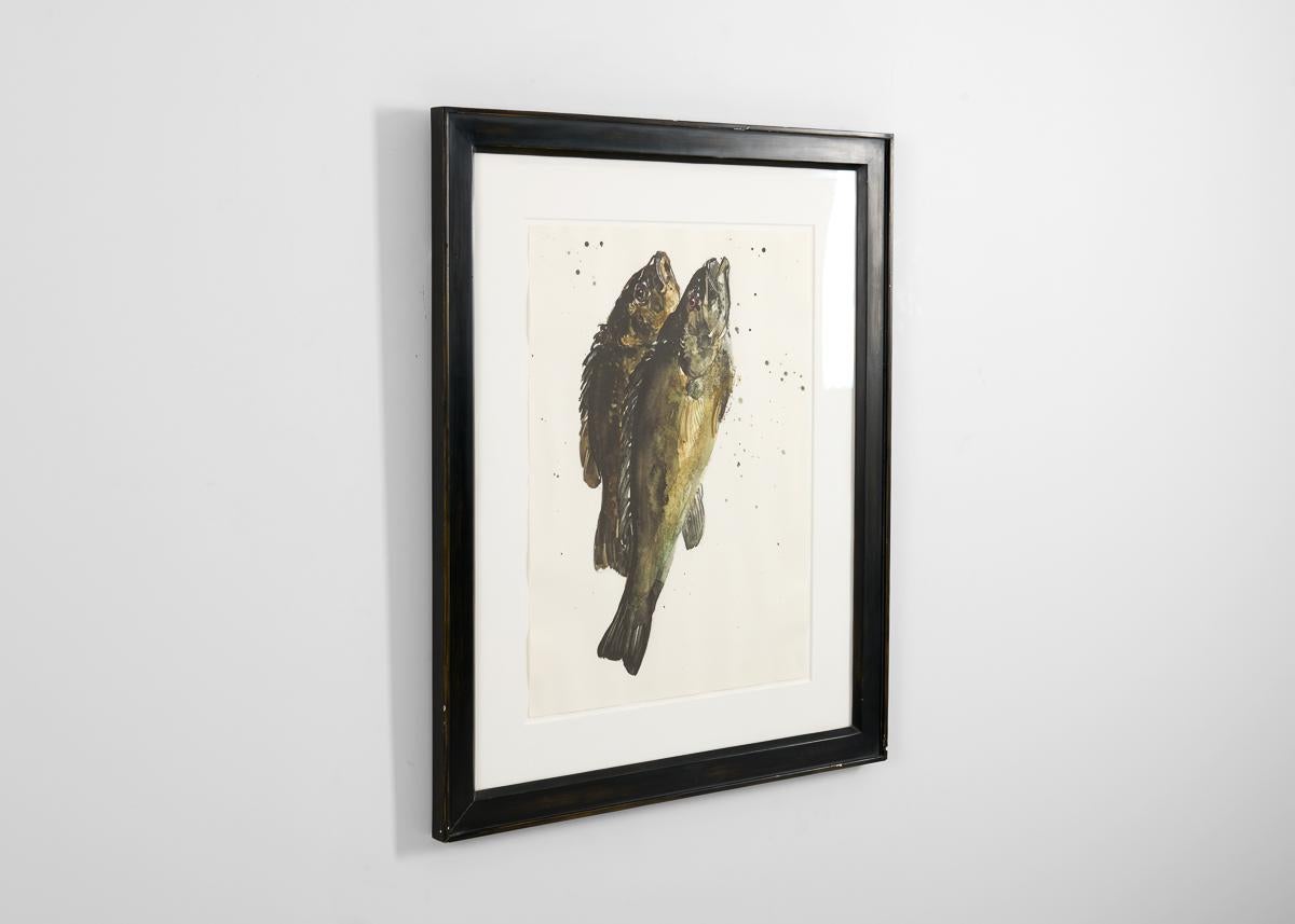 Gerahmtes Aquarell, das ein Fischpärchen darstellt (amerikanisch) im Angebot