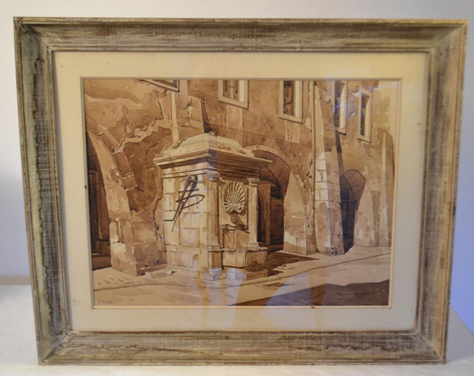 Framed watercolor drawing of a fountain in a Annecy town in France.