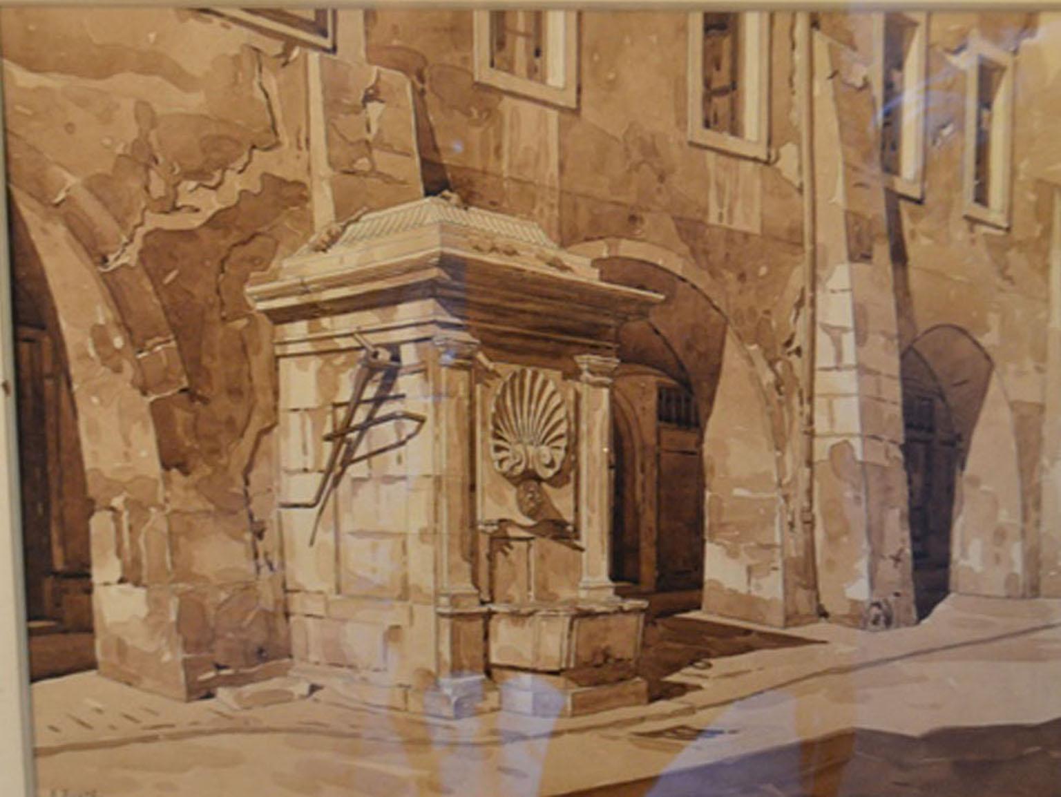 French Framed Watercolor Drawing of a Fountain For Sale
