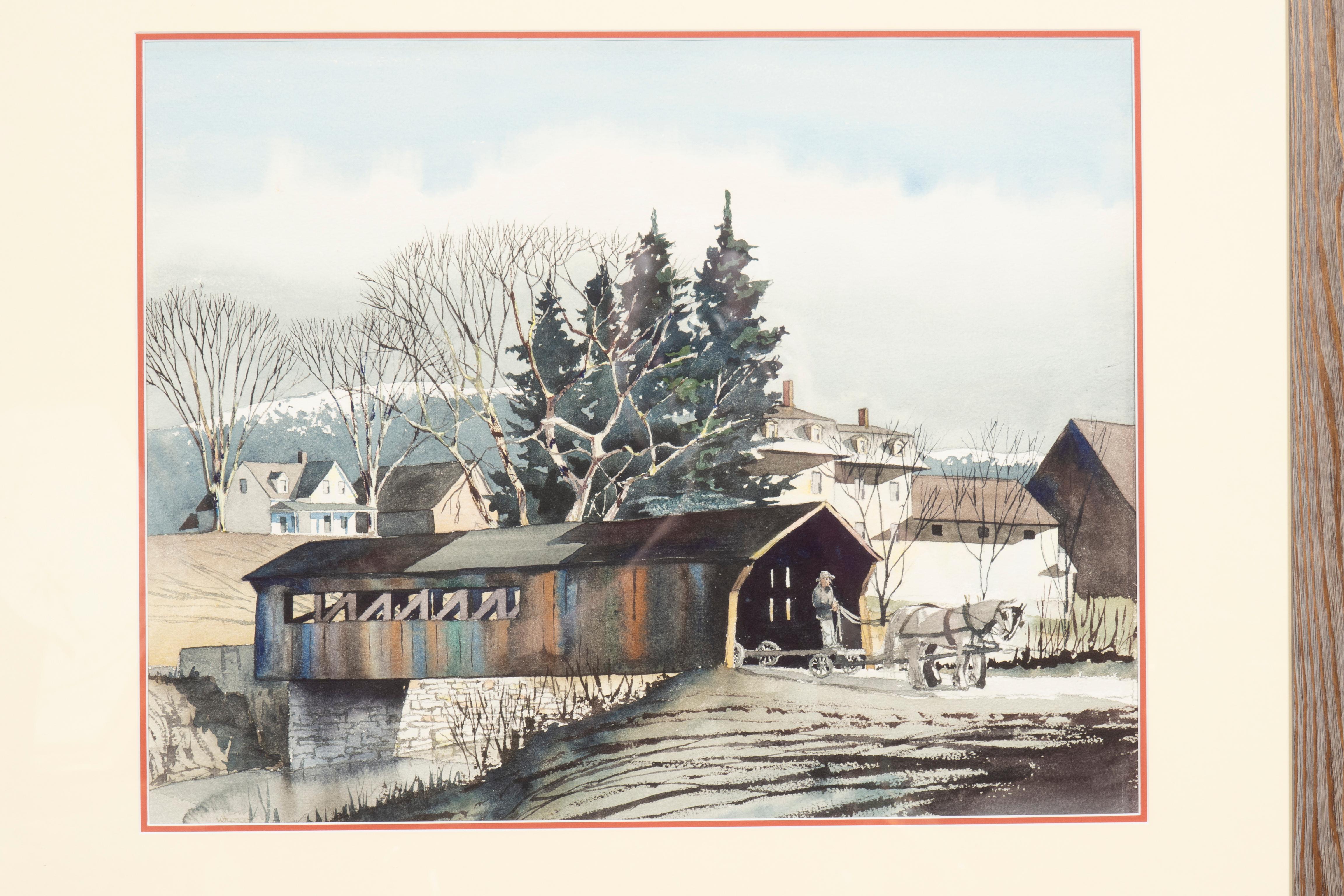 A winter scene in Stowe with covered bridge with horse and cart and hills and buildings in the background. Newly framed and matted. Originally purchased from Kennedy & Co 785 Fifth Ave NYC.