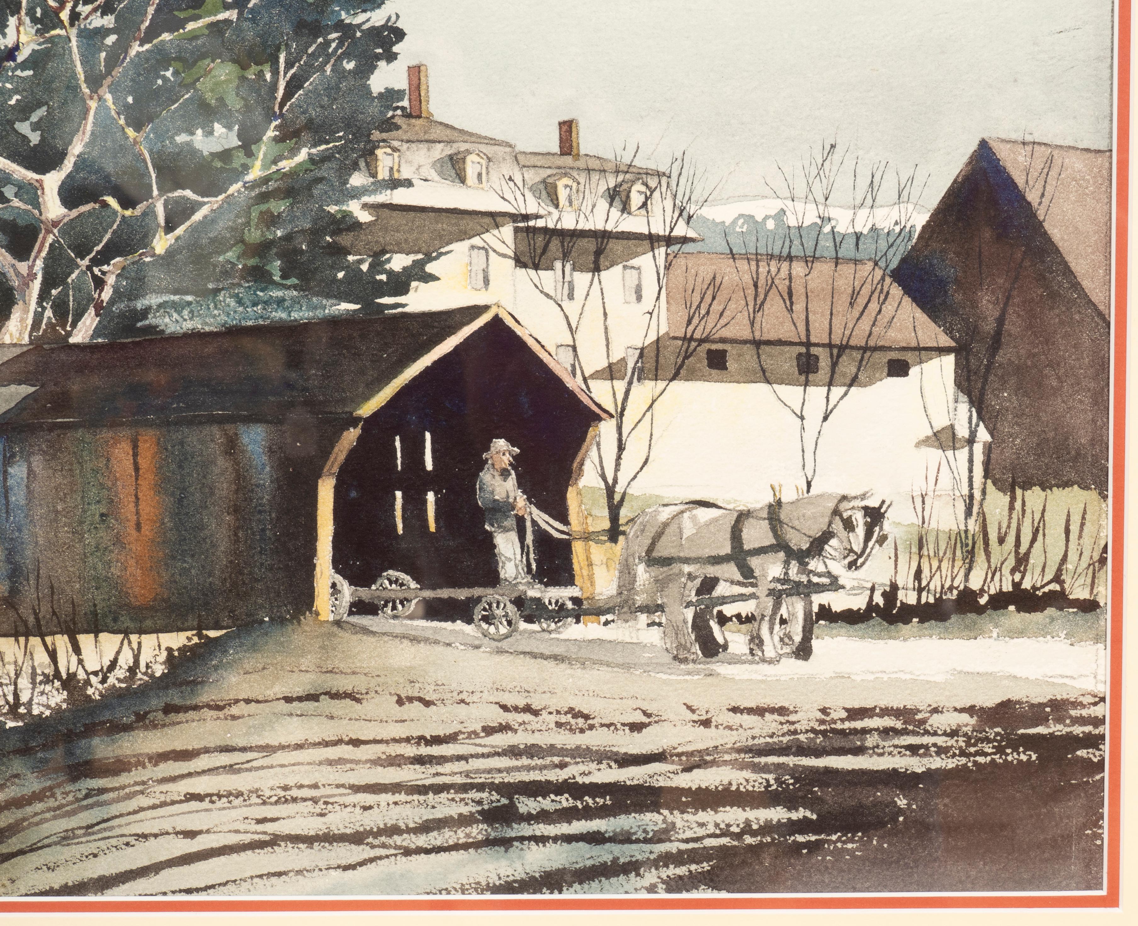 American Framed Watercolor Of A Covered Bridge In Moscow Vermont By Walton Blodgett