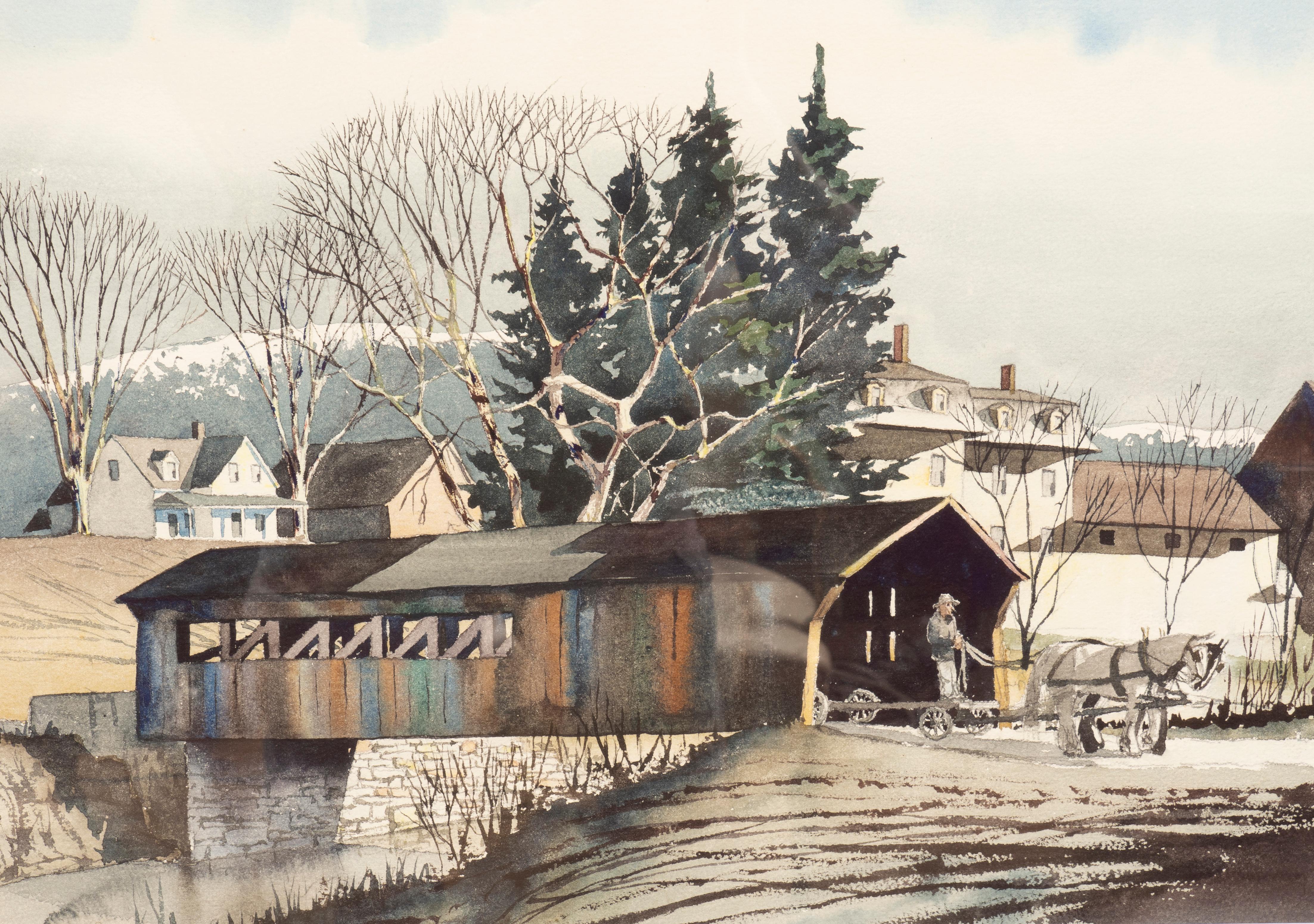 Painted Framed Watercolor Of A Covered Bridge In Moscow Vermont By Walton Blodgett