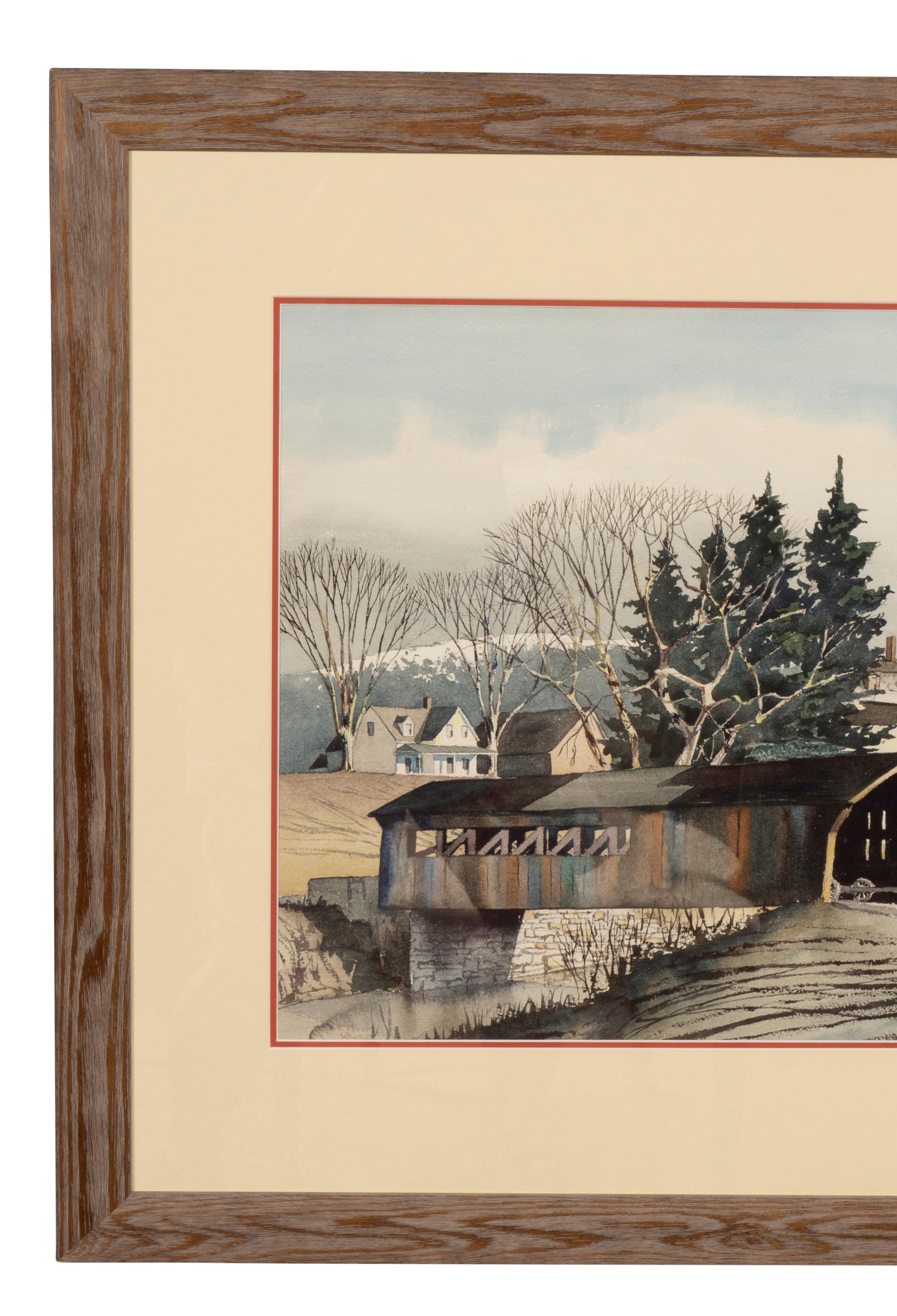 Mid-20th Century Framed Watercolor Of A Covered Bridge In Moscow Vermont By Walton Blodgett