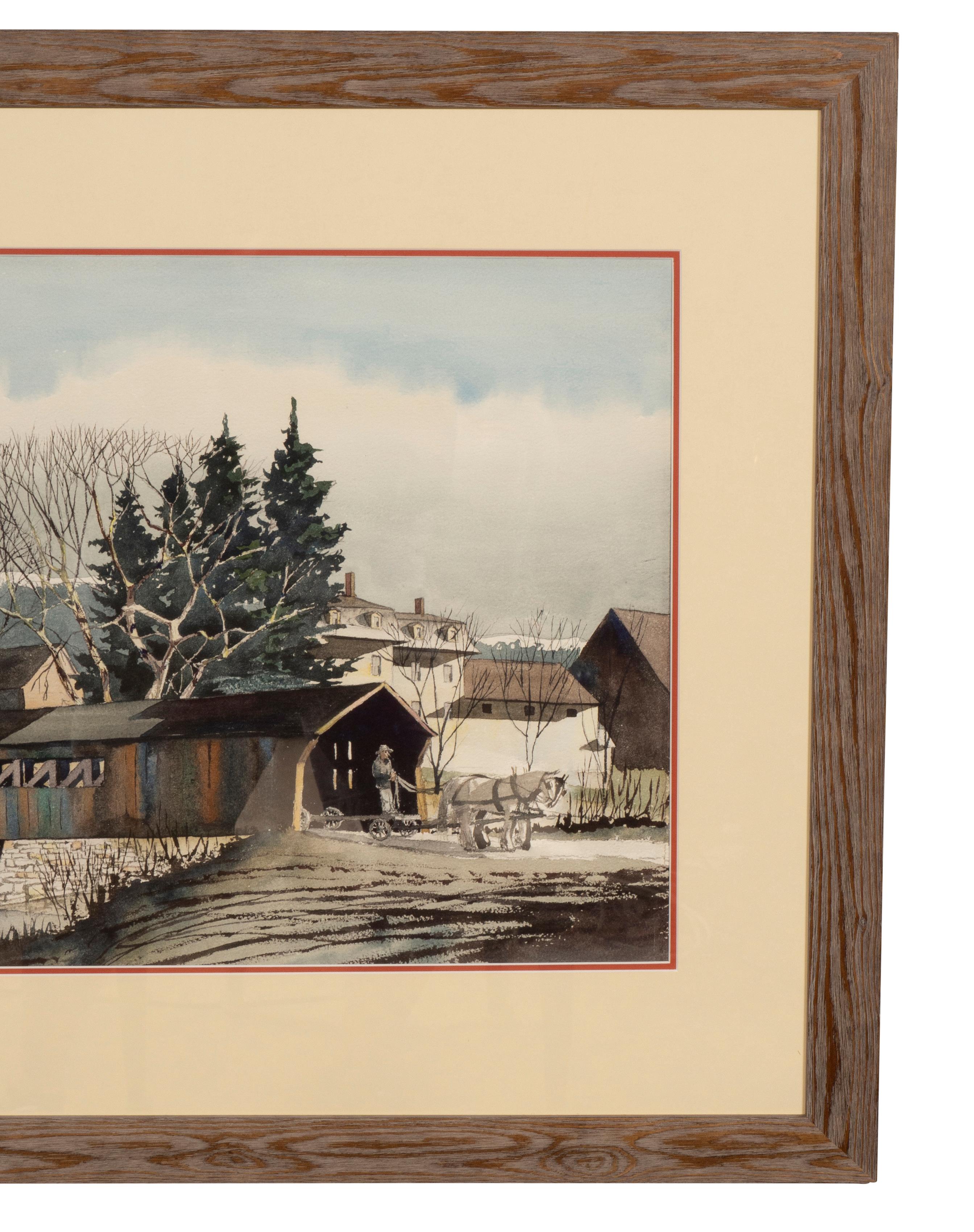 Glass Framed Watercolor Of A Covered Bridge In Moscow Vermont By Walton Blodgett