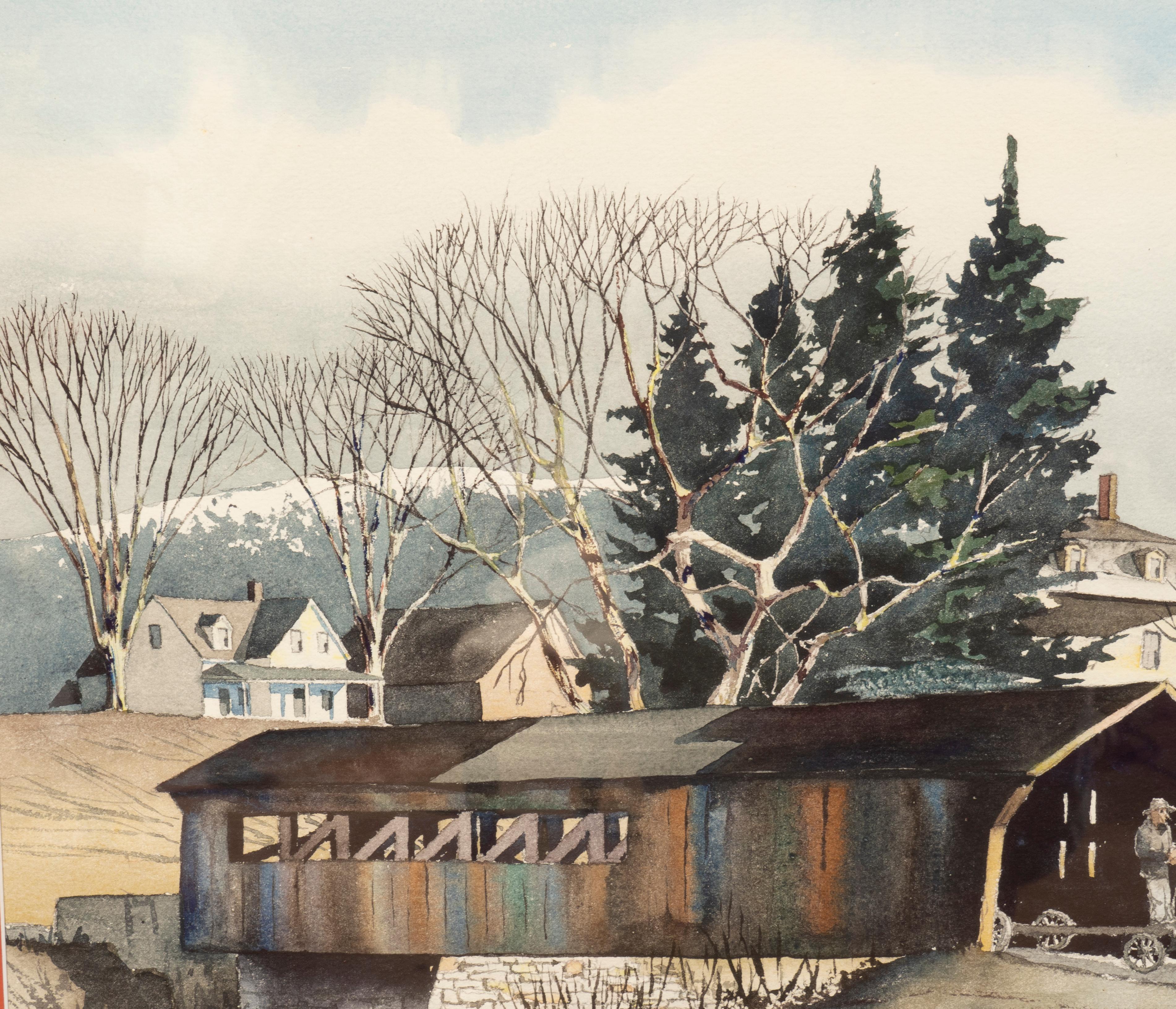 Framed Watercolor Of A Covered Bridge In Moscow Vermont By Walton Blodgett 1