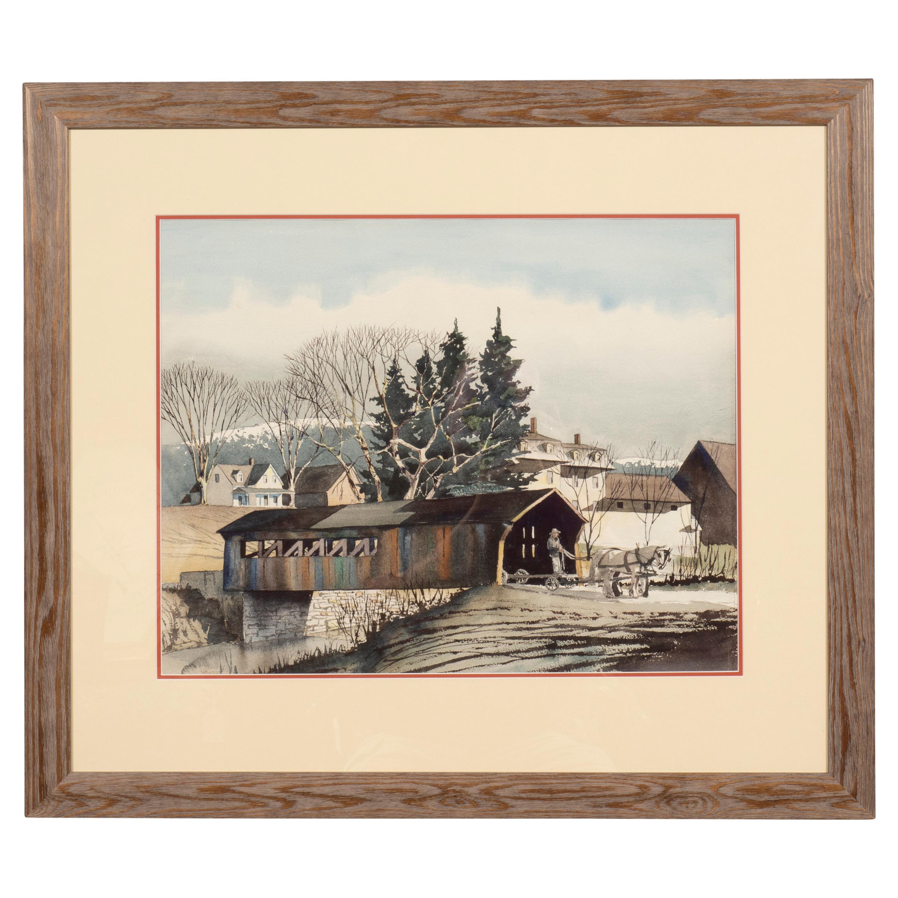 Framed Watercolor Of A Covered Bridge In Moscow Vermont By Walton Blodgett
