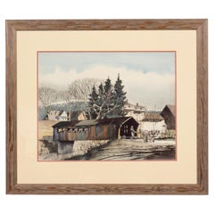 Framed Watercolor Of A Covered Bridge In Moscow Vermont By Walton Blodgett