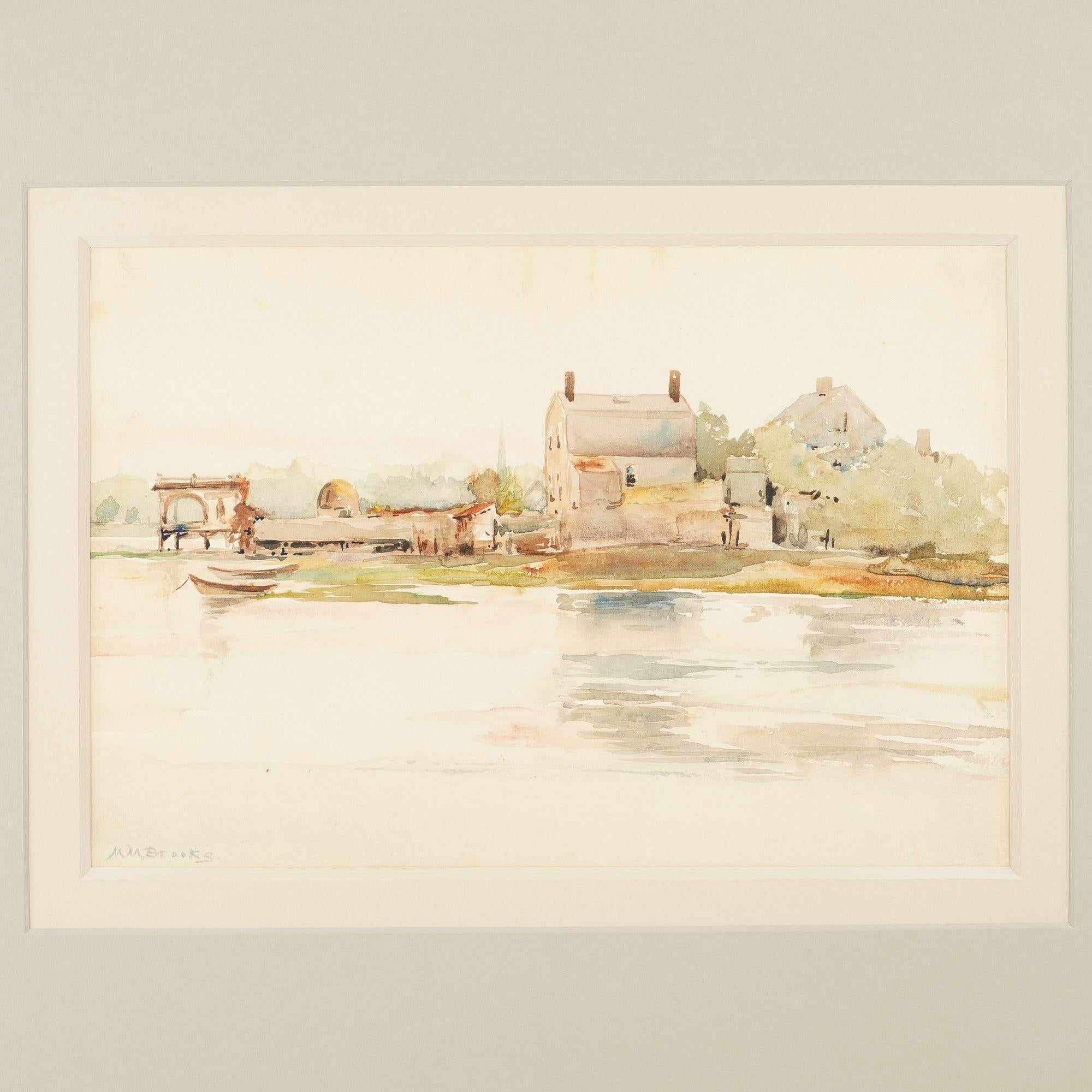 Watercolor on paper of the New England coastline, probably New Hampshire.
Signed in graphite, lower left: M.M. Brooks
American, circa 1910.