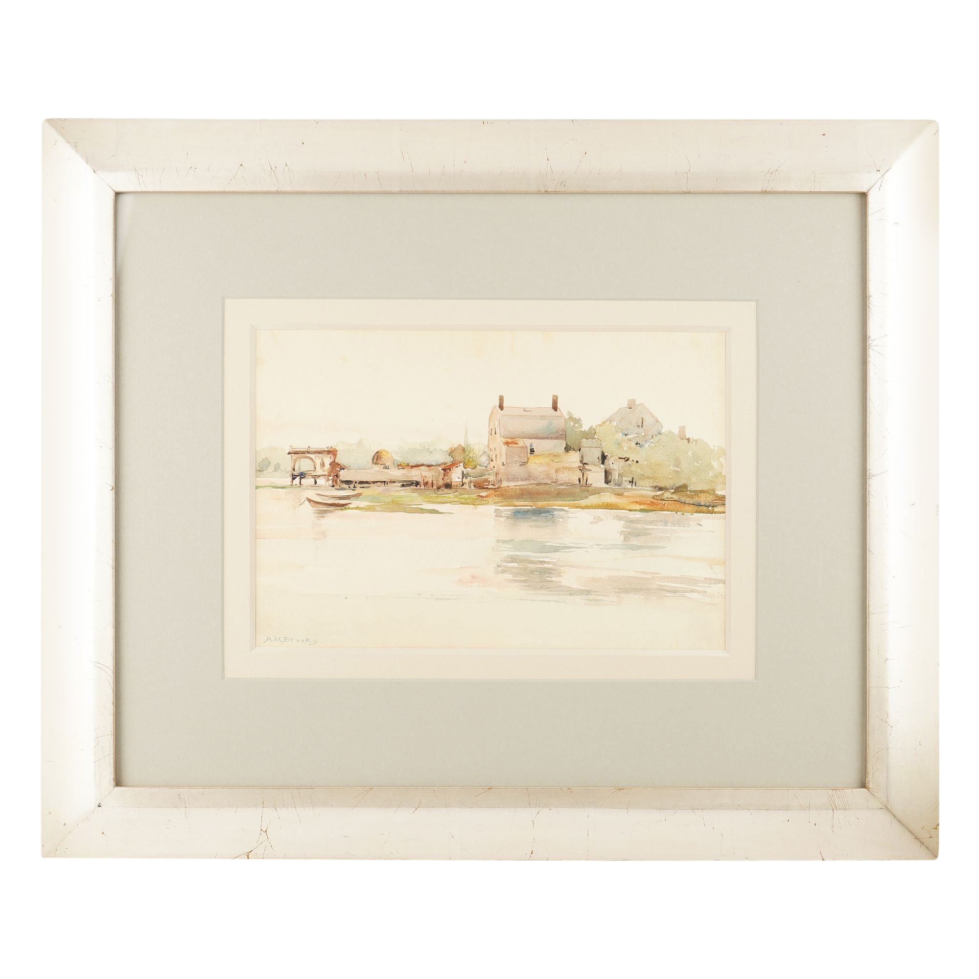 Aquarelle encadrée d'une scène côtière de la Nouvelle-Angleterre par Mary Mason Brooks, vers 1910