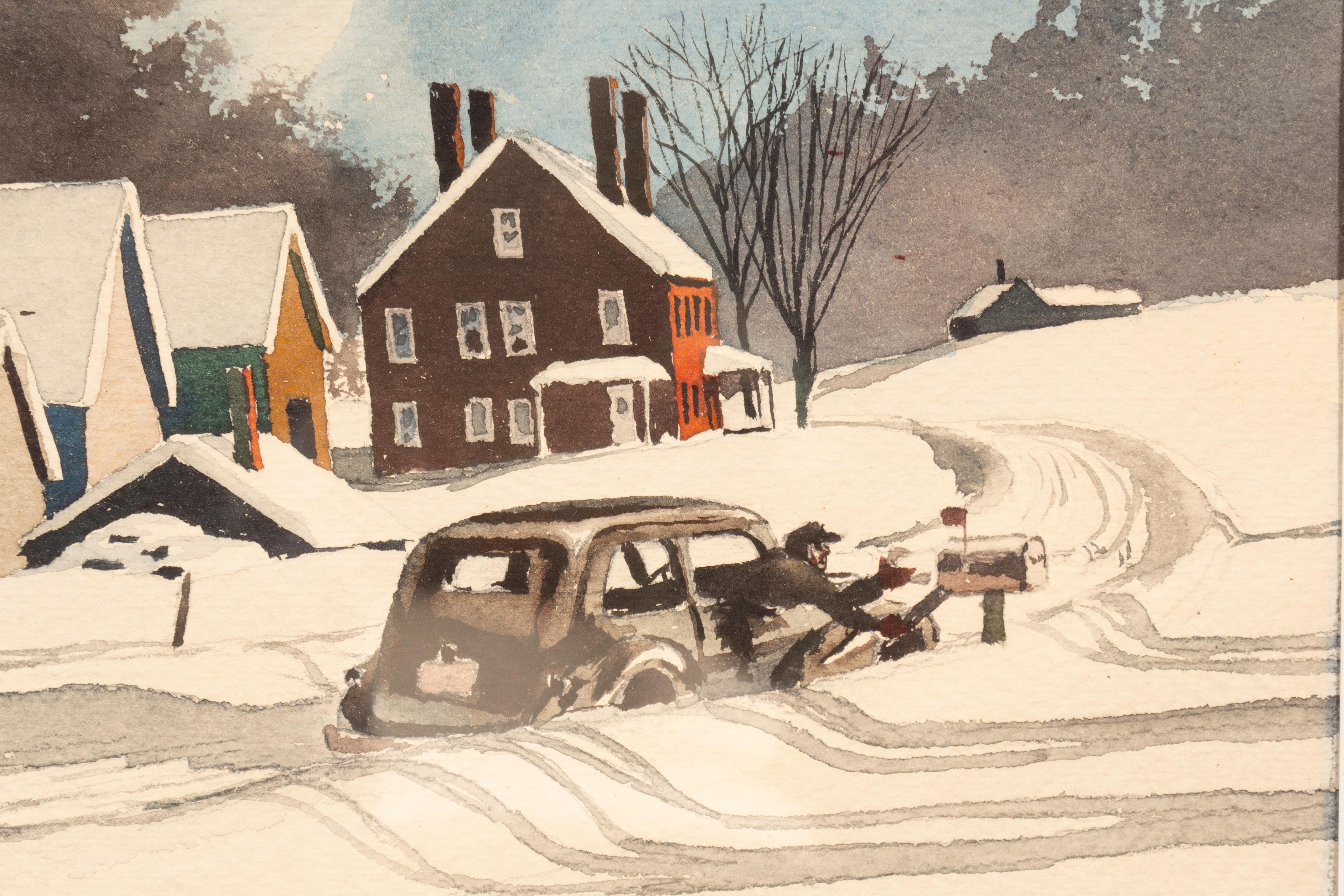 American Framed Watercolor Of A Stowe Vermont Winter Scene By Walton Blodgett