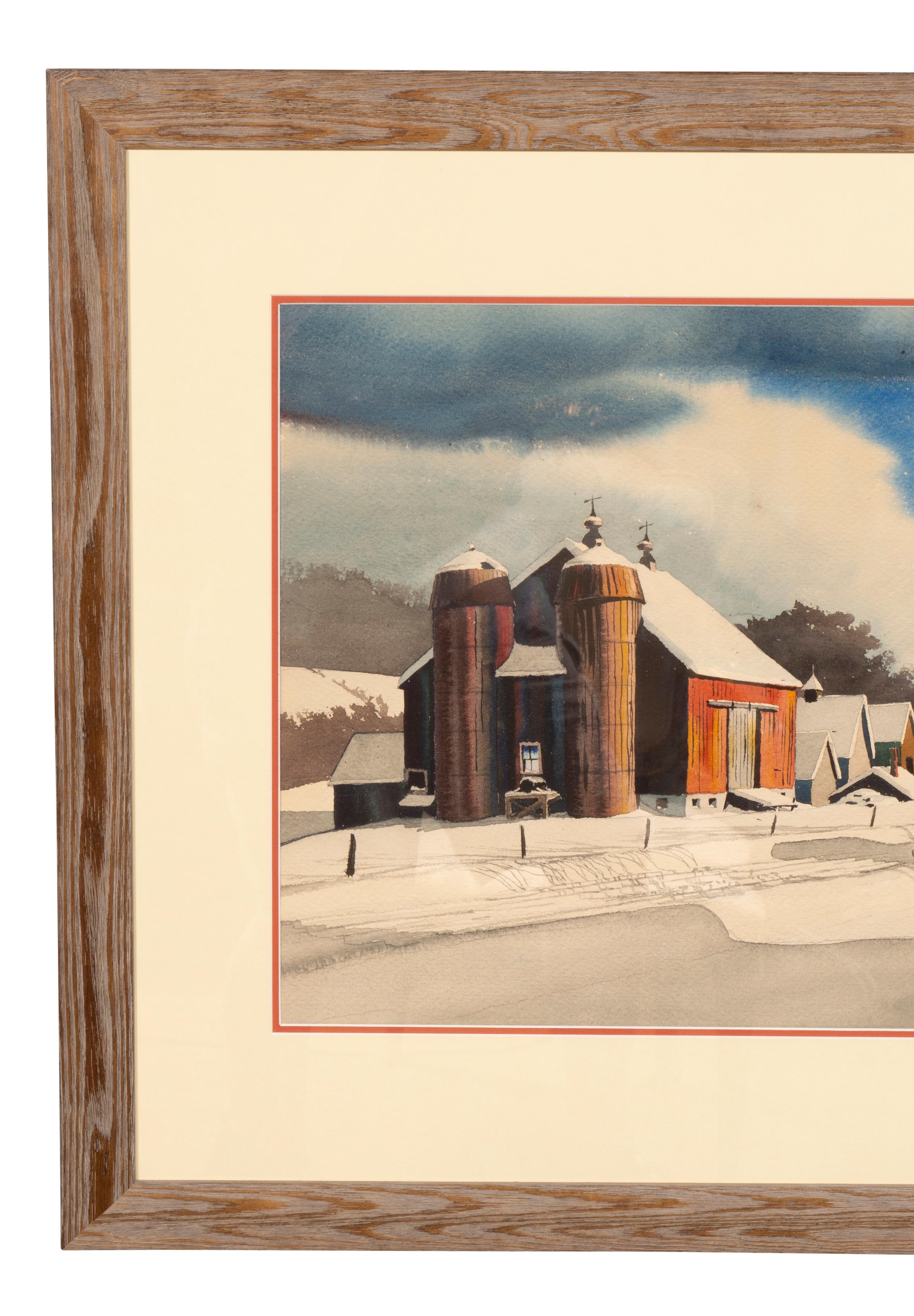 Glass Framed Watercolor Of A Stowe Vermont Winter Scene By Walton Blodgett