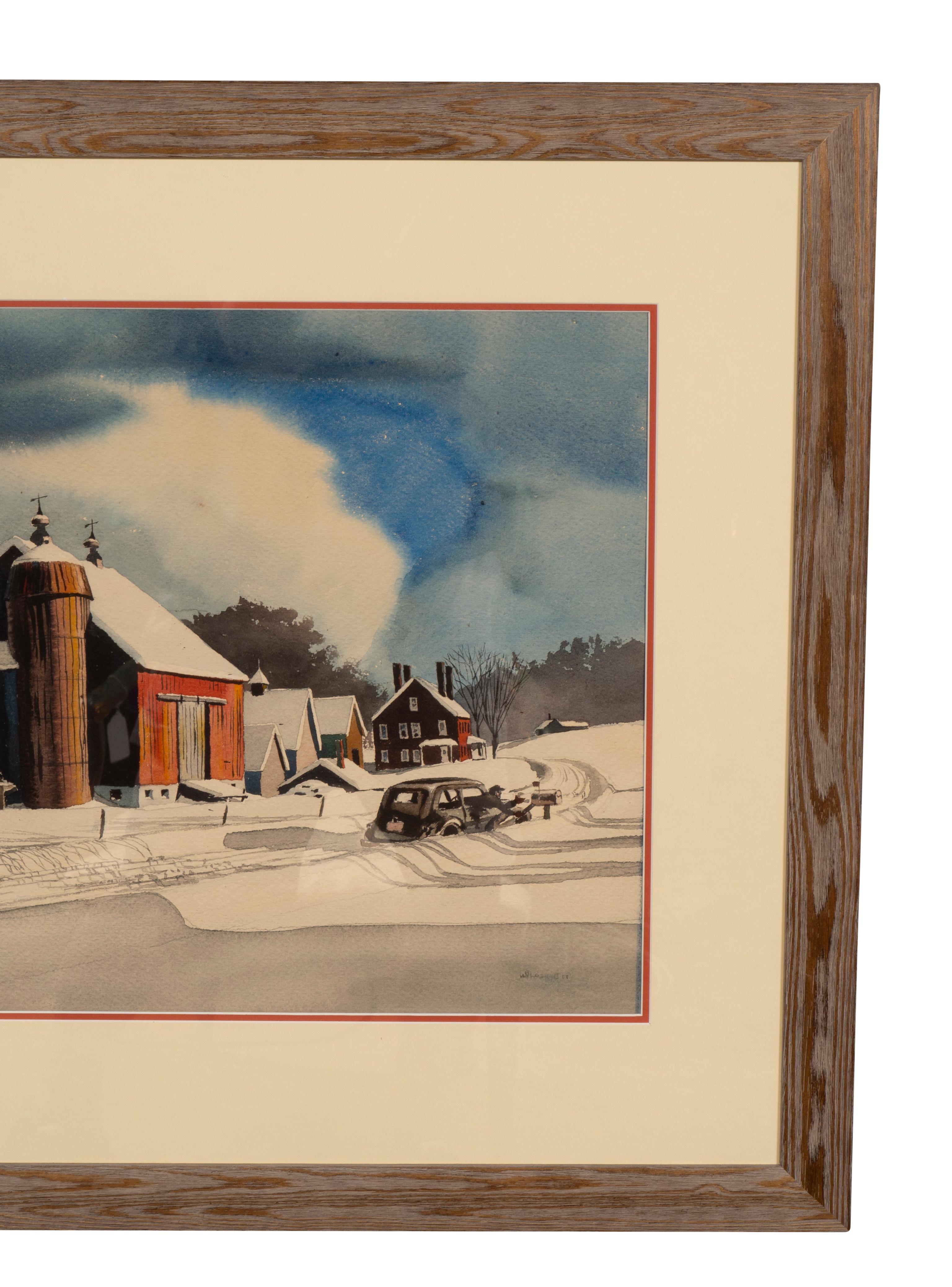 Framed Watercolor Of A Stowe Vermont Winter Scene By Walton Blodgett 1