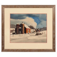 Vintage Framed Watercolor Of A Stowe Vermont Winter Scene By Walton Blodgett