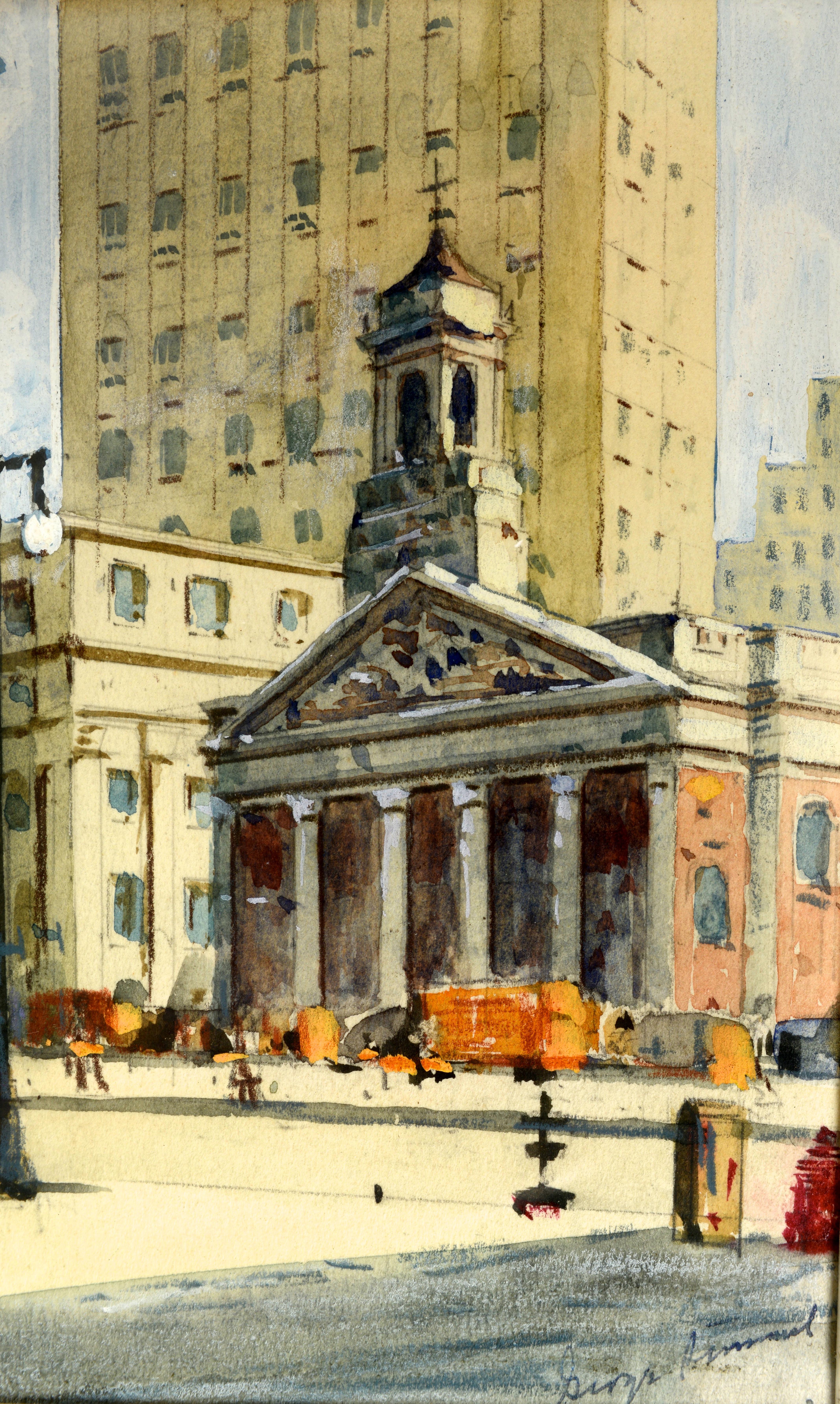 Framed Watercolor of St Andrew's Roman Catholic Church, Manhattan. St. Andrew's Roman Catholic Church located at 27 Duane Street, also known as St. Andrew's Plaza and more recently as Cardinal Hayes Place, is off of Foley Square in the Civic Center