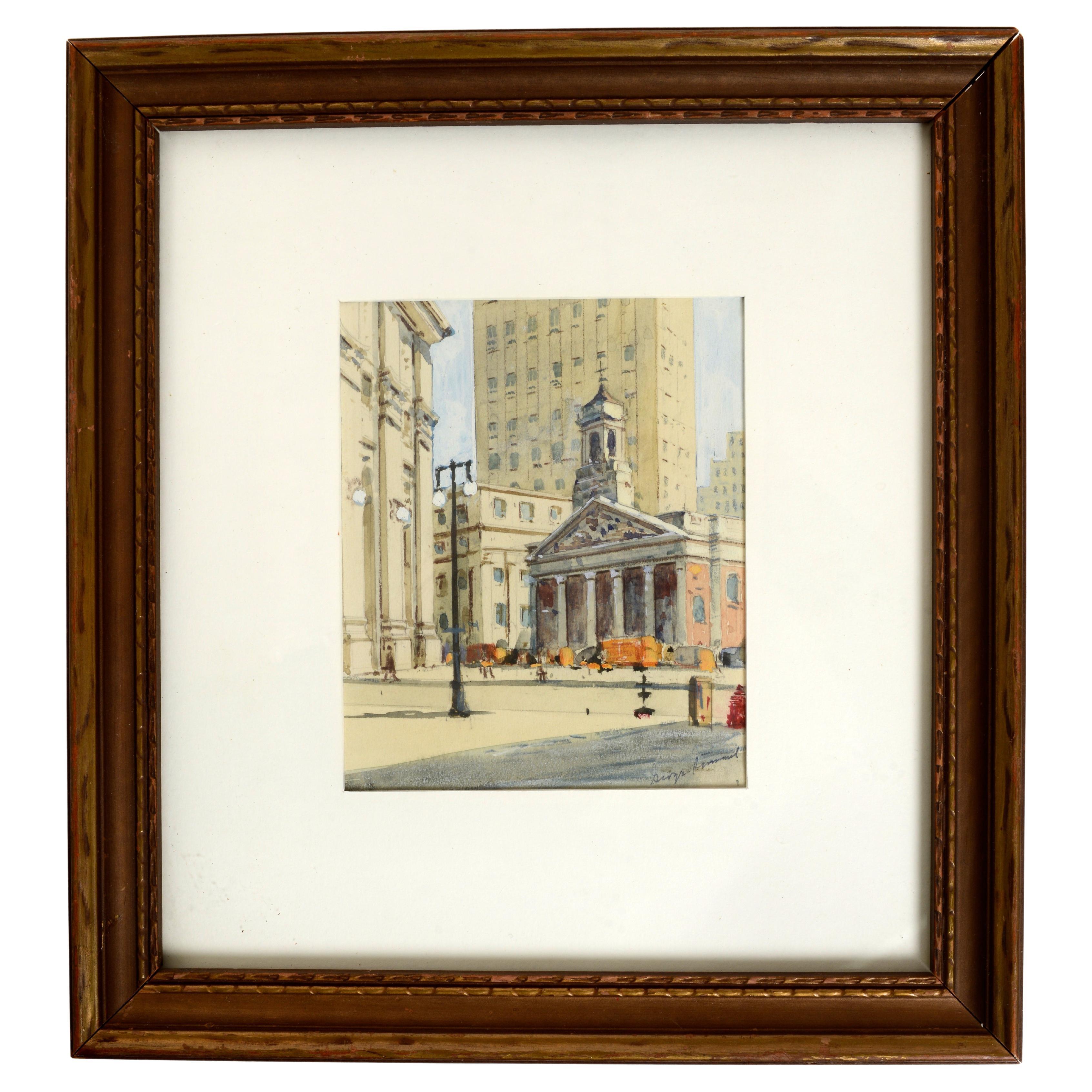 Framed Watercolor of St Andrew's Roman Catholic Church, Manhattan For Sale